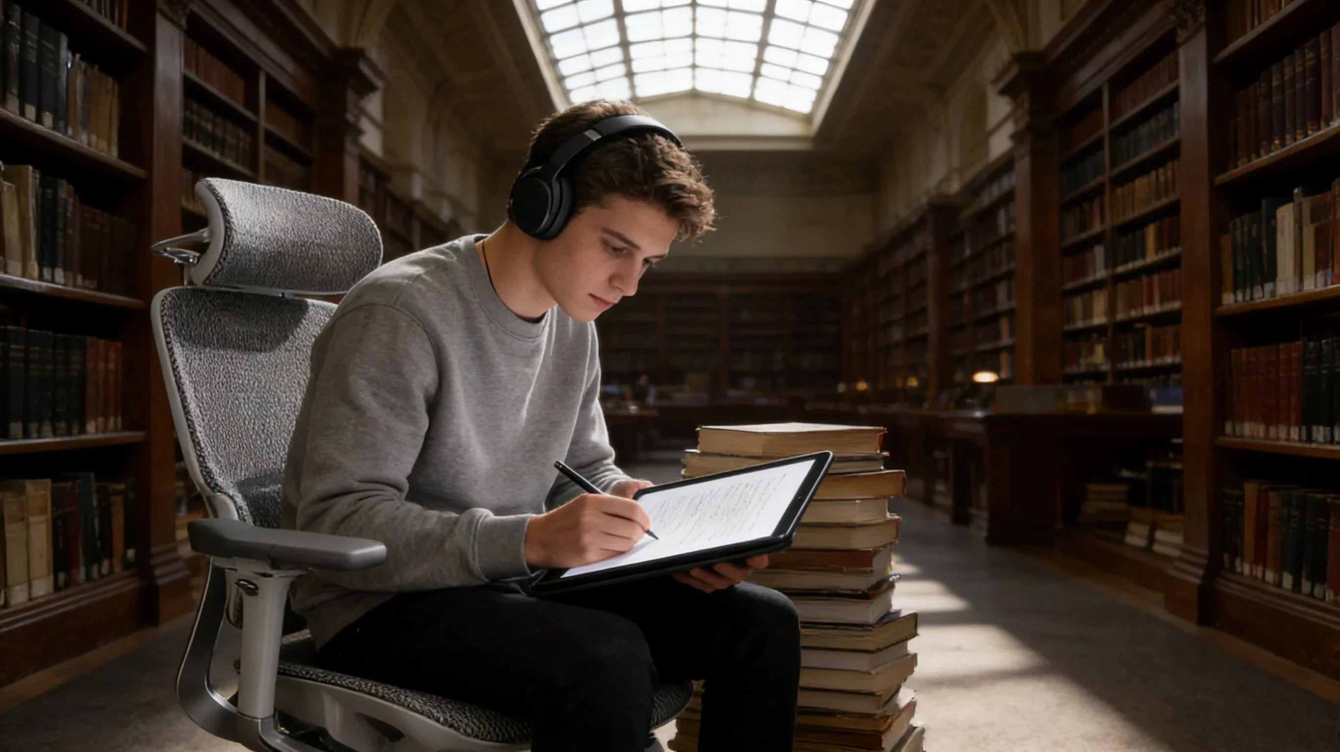 A European university student utilizing an elite [**study chair for students**].