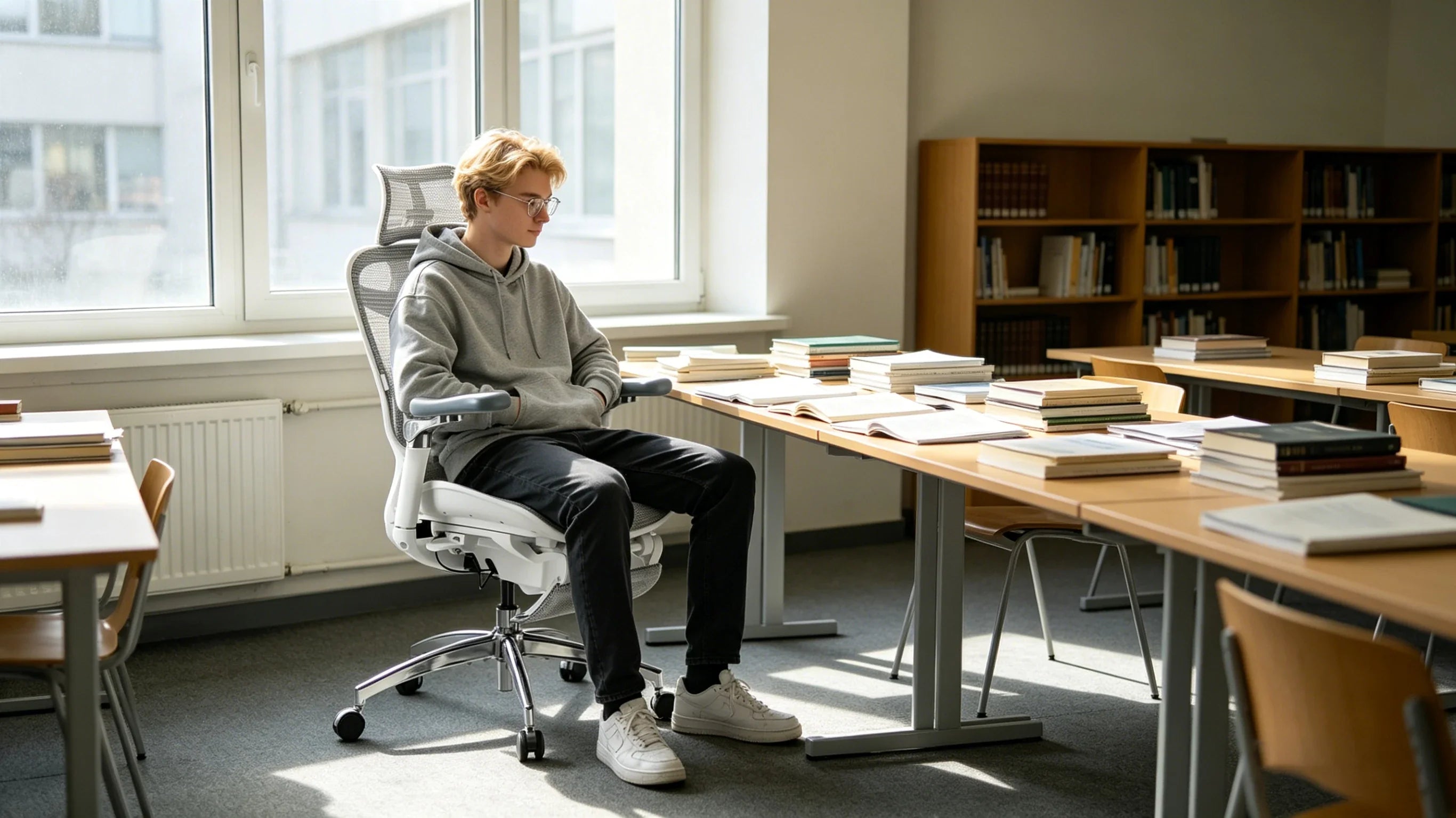 Full body view of a 21-year-old male student with blonde hair and silver glasses sitting in the [study chair for students] in a modern dorm.