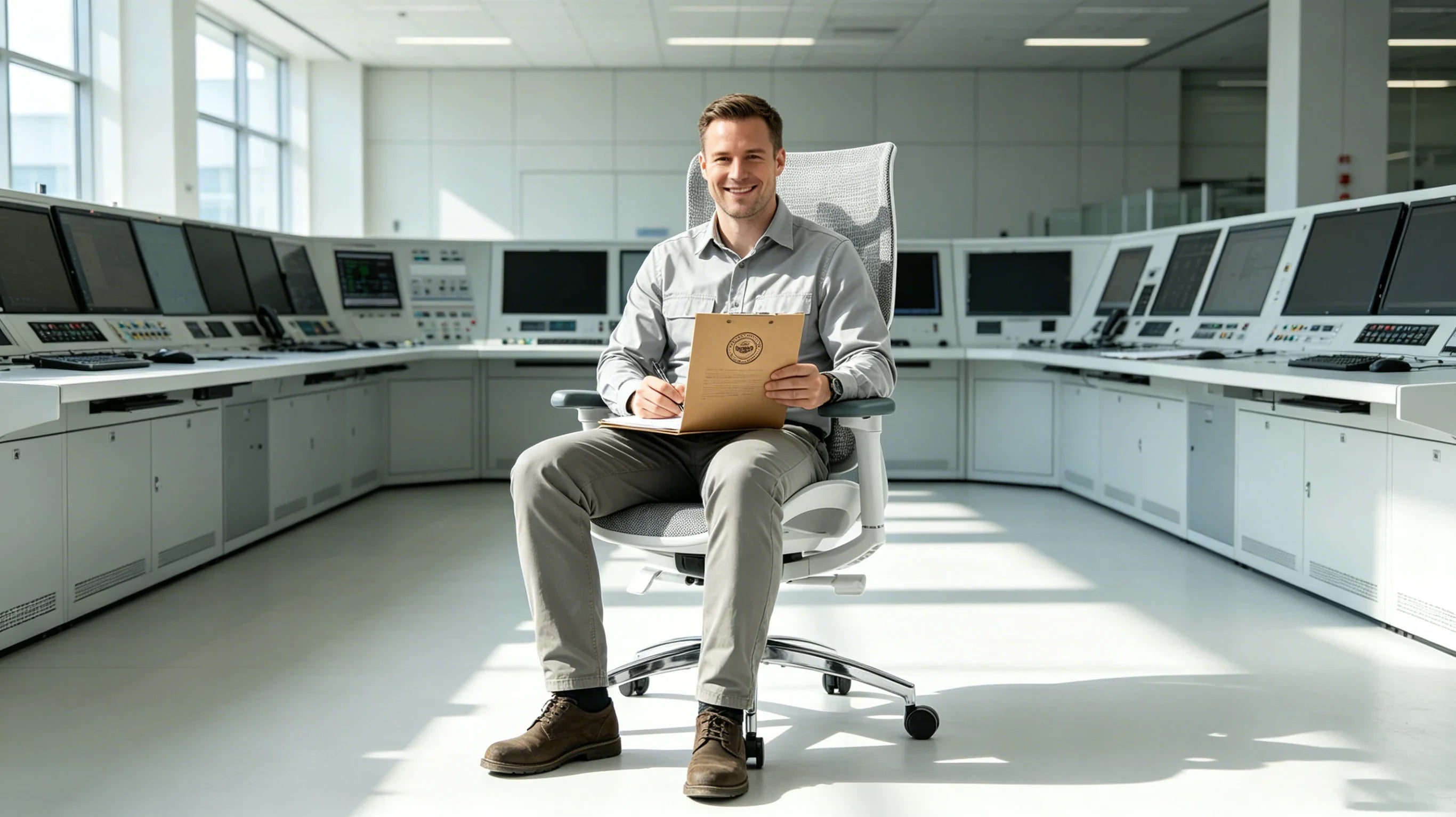 Full body shot of Gavin, a Caucasian security commander, sitting deeply in the [ergonomic desk and chair] center inside a grid defense room, total body visible from head to toe.