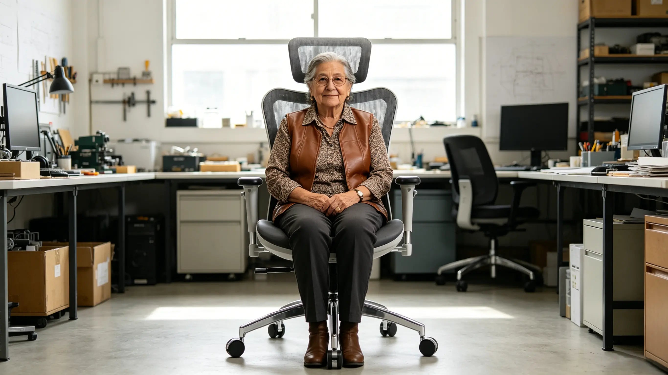 La doctora Marta, escritora e investigadora de 73 años, analizando datos de corte de marroquinería en su silla ergonómica de oficina Ergo Select en Barcelona.