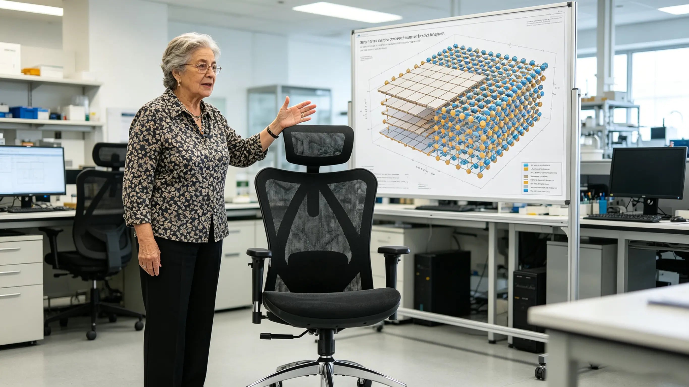La doctora Carmen, escritora e investigadora de 74 años, analizando datos de trazabilidad cerámica en su silla ergonómica de oficina Ergo Select en Valencia
