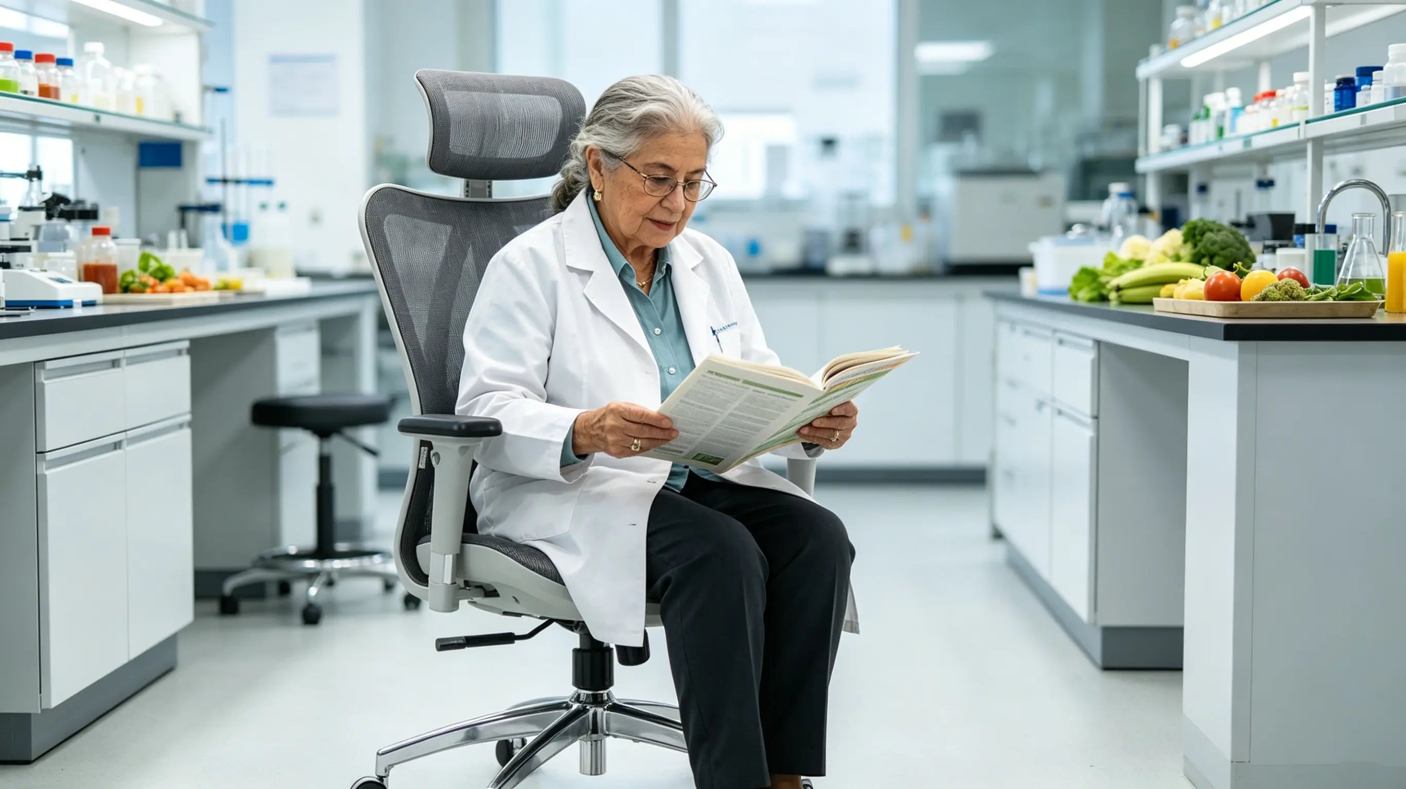 La doctora Alicia, escritora e investigadora de 75 años, revisando manuscritos científicos en su silla ergonómica de oficina Ergo Select en su estudio de Barcelona.