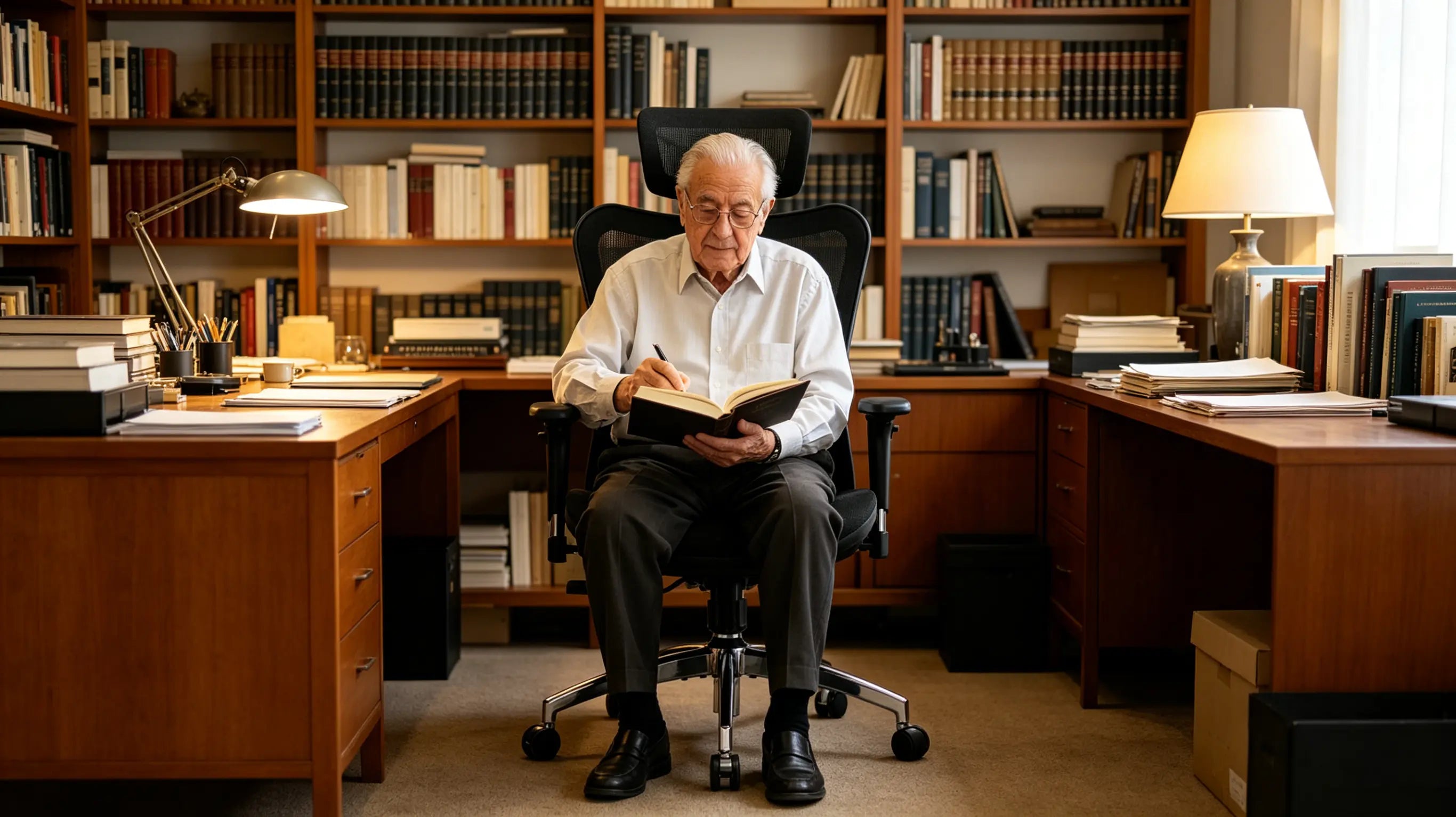 Don Julián, físico emérito de 77 años, analizando modelos de redes de energía en su silla de oficina ergonómica Ergo Select en su despacho de Madrid.