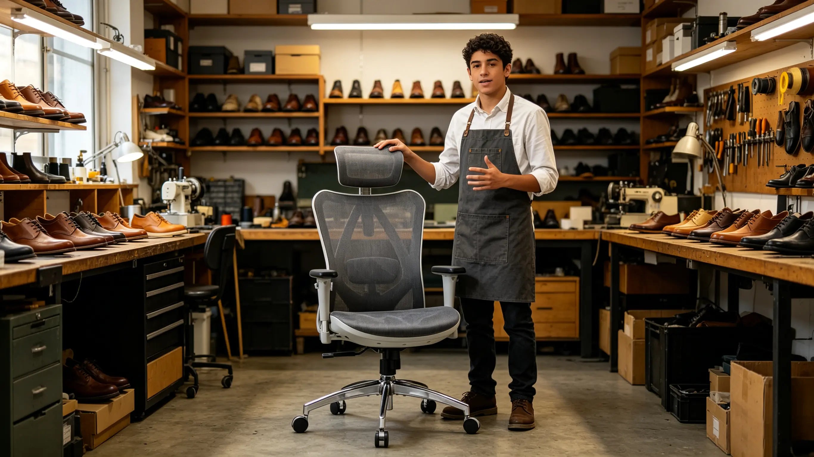 Mateo, un joven técnico de 16 años, analizando trayectorias de robótica de calzado sentado en su silla ergonómica para escritorio Ergo Select en Alicante.