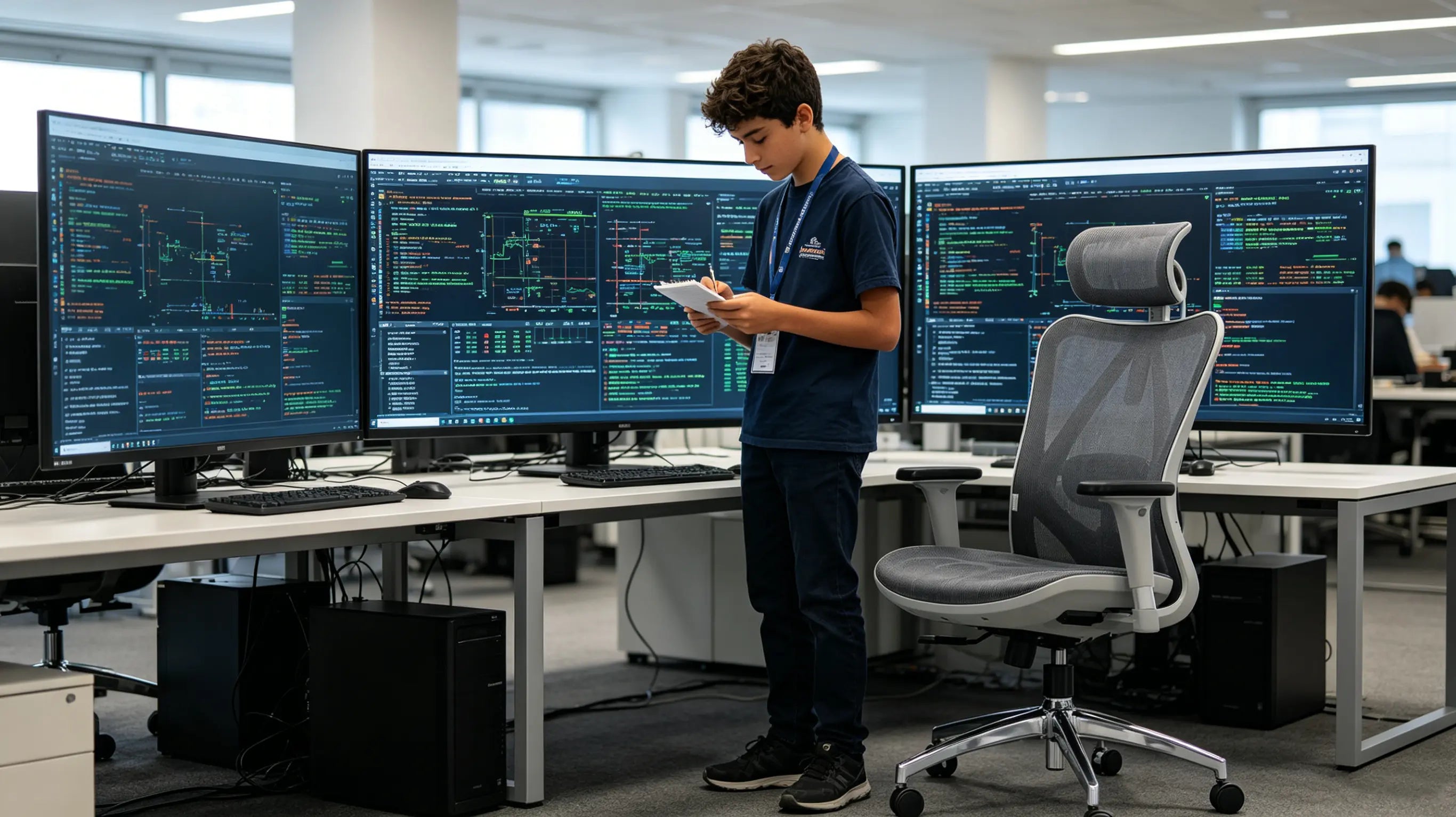 Iker, un joven programador de 16 años, analizando nodos de computación periférica sentado en su silla ergonómica para escritorio Ergo Select en Barcelona.