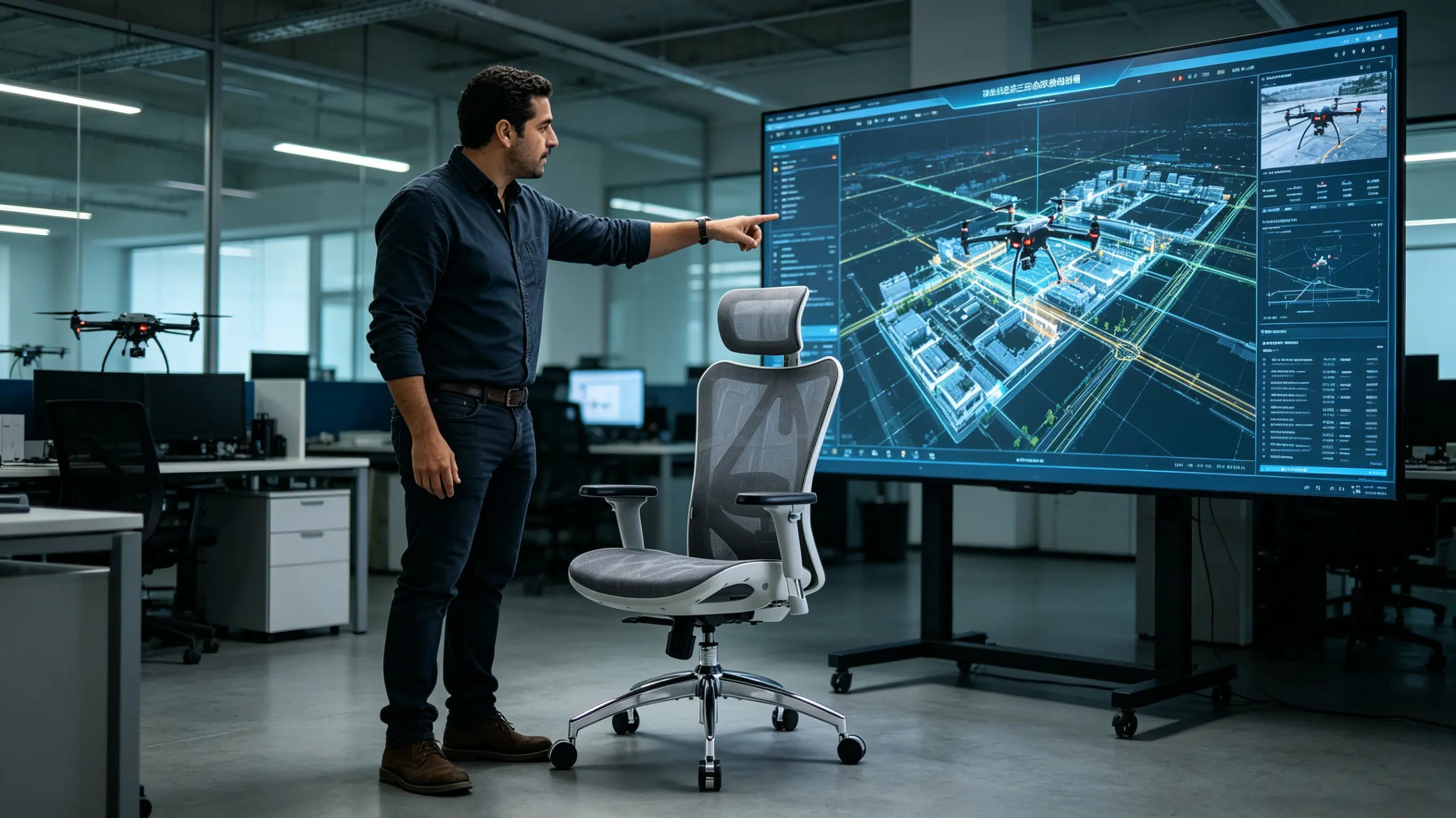 Ricardo, ingeniero geoespacial de 36 años, trazando rutas de drones sentada en su silla ergonómica de oficina Ergo Select frente a múltiples pantallas en Madrid