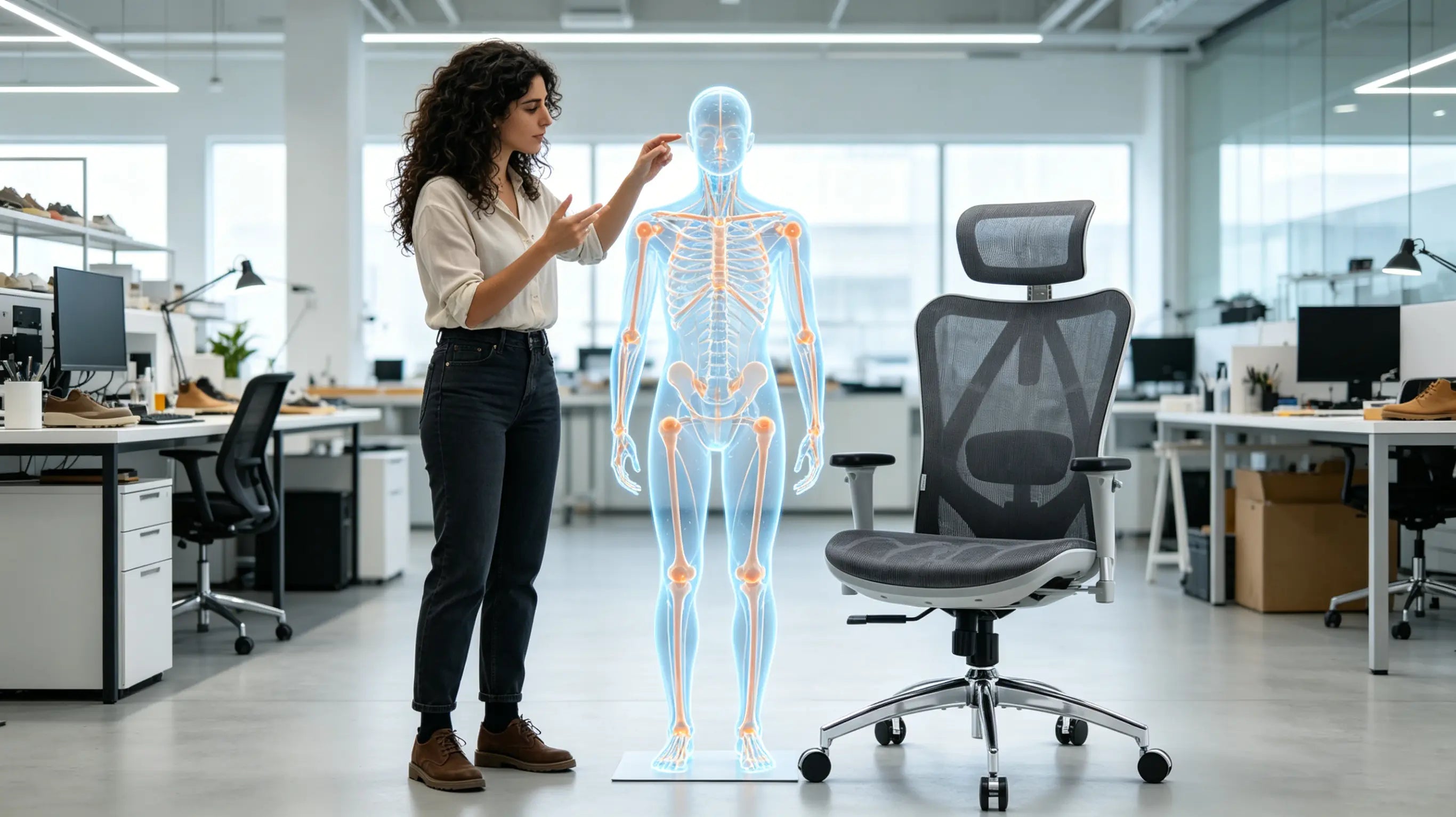 Elena, diseñadora de estructuras de 28 años, ajustando la presión anatómica de un componente en su pantalla interactiva, sentada en su silla de oficina Ergo Select en Barcelona