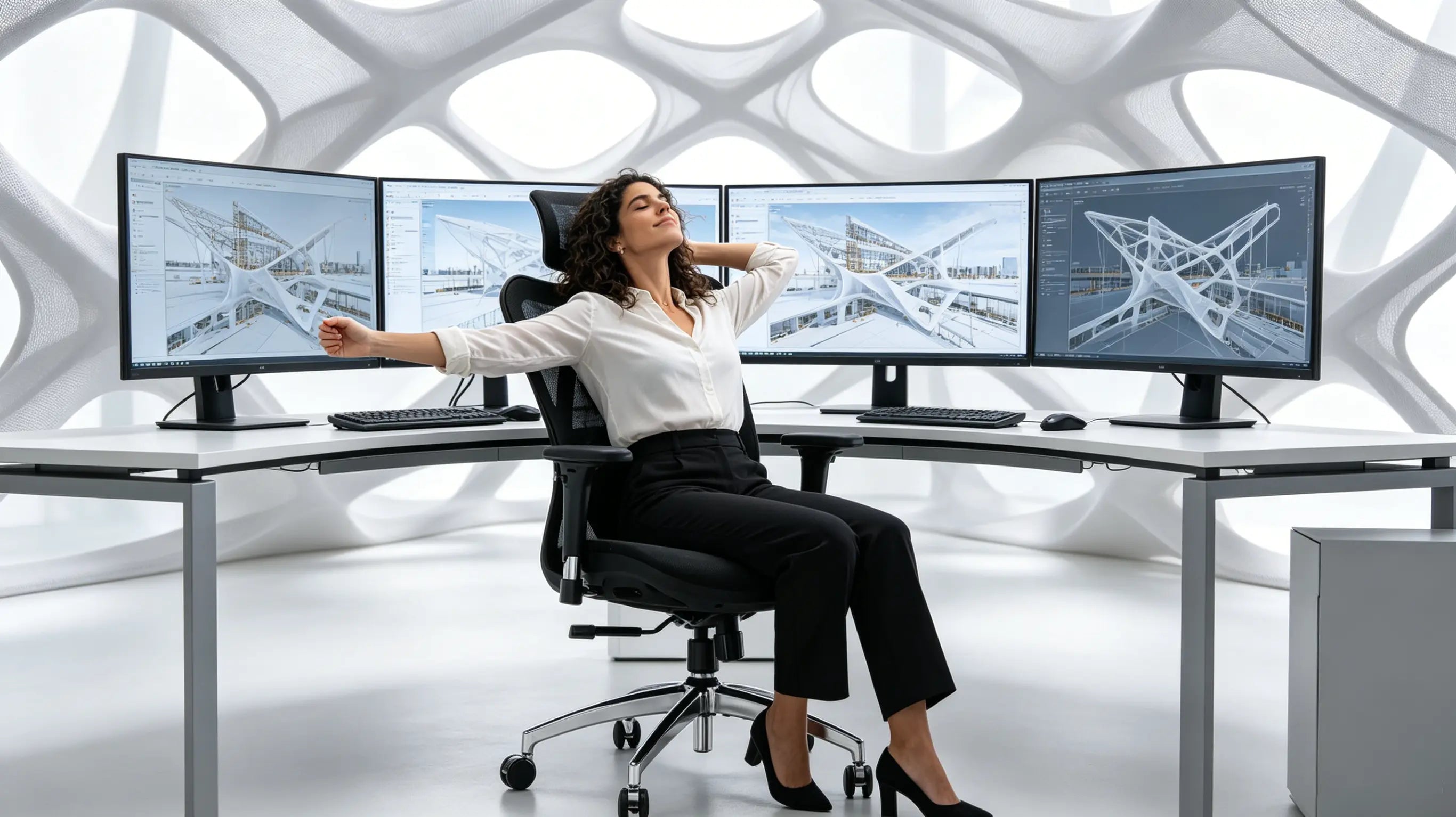 Elena, ingeniera textil de 33 años, calculando algoritmos de caída de tela y patronaje digital sentada en su silla ergonómica para oficina Ergo Select en Barcelona.