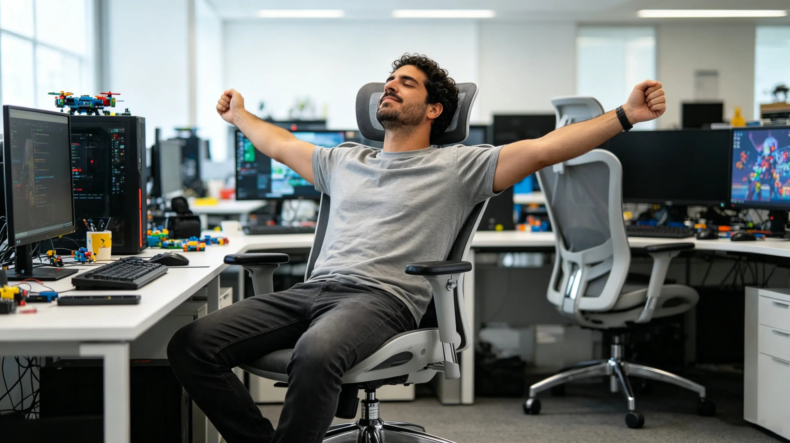 David, desarrollador full-stack de 38 años, compilando líneas de código complejas sentado en su silla ergonómica de oficina Ergo Select en Madrid.