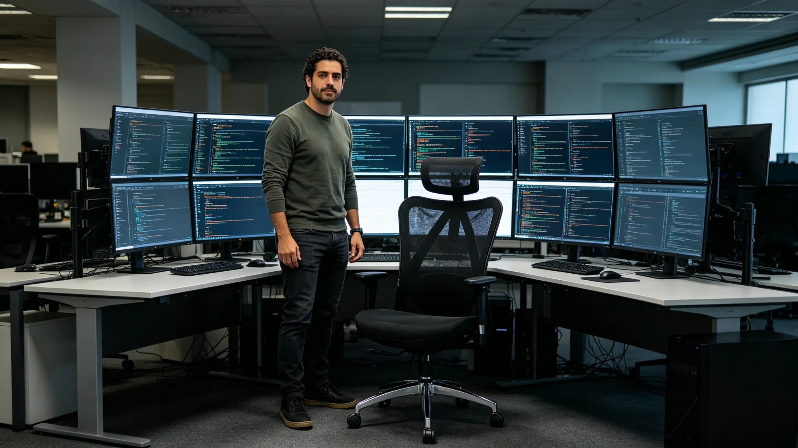 Alejandro, ingeniero de software de 35 años, depurando líneas de código en su silla ergonómica de oficina Ergo Select frente a su terminal de múltiples pantallas en Madrid.
