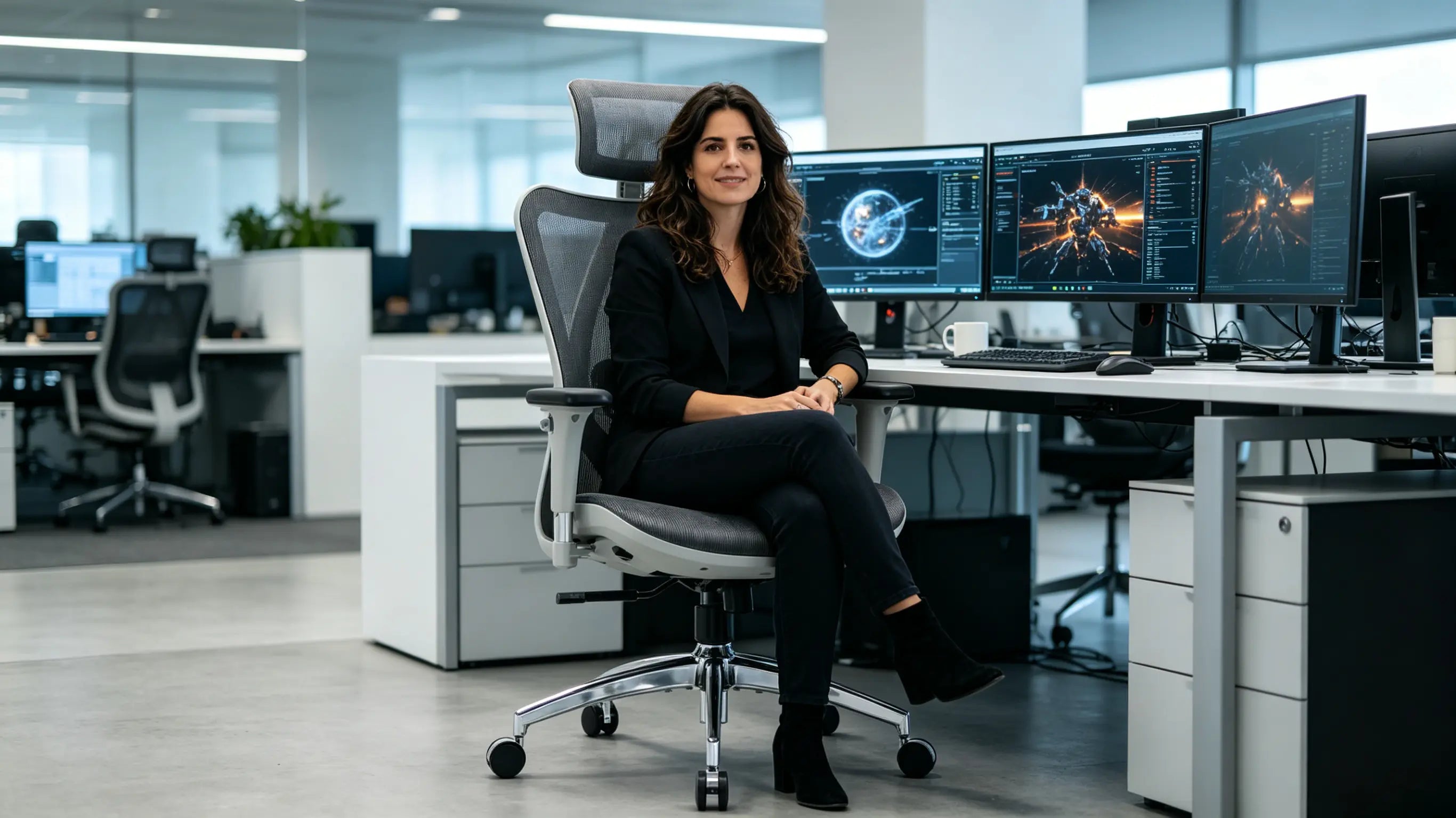 Sofía, animadora de personajes 3D de 33 años, ajustando curvas de animación sentada en su silla Full Mesh de Ergo Select en su taller de Madrid.