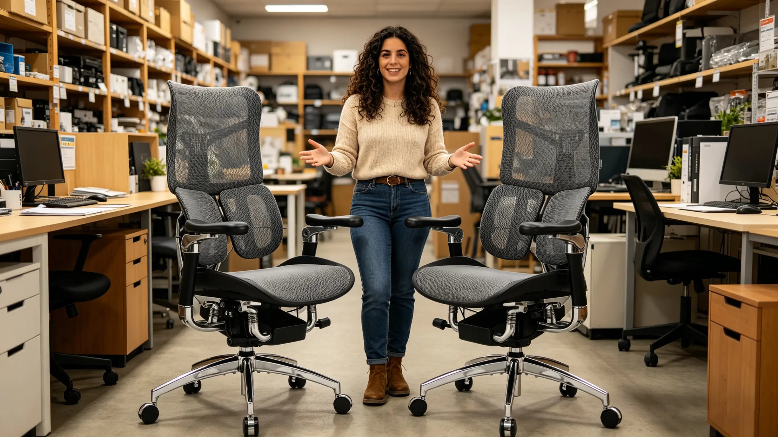 Clara etiquetando datos para IA sentada en su nueva adquisición tras comprar silla escritorio de Ergo Select.