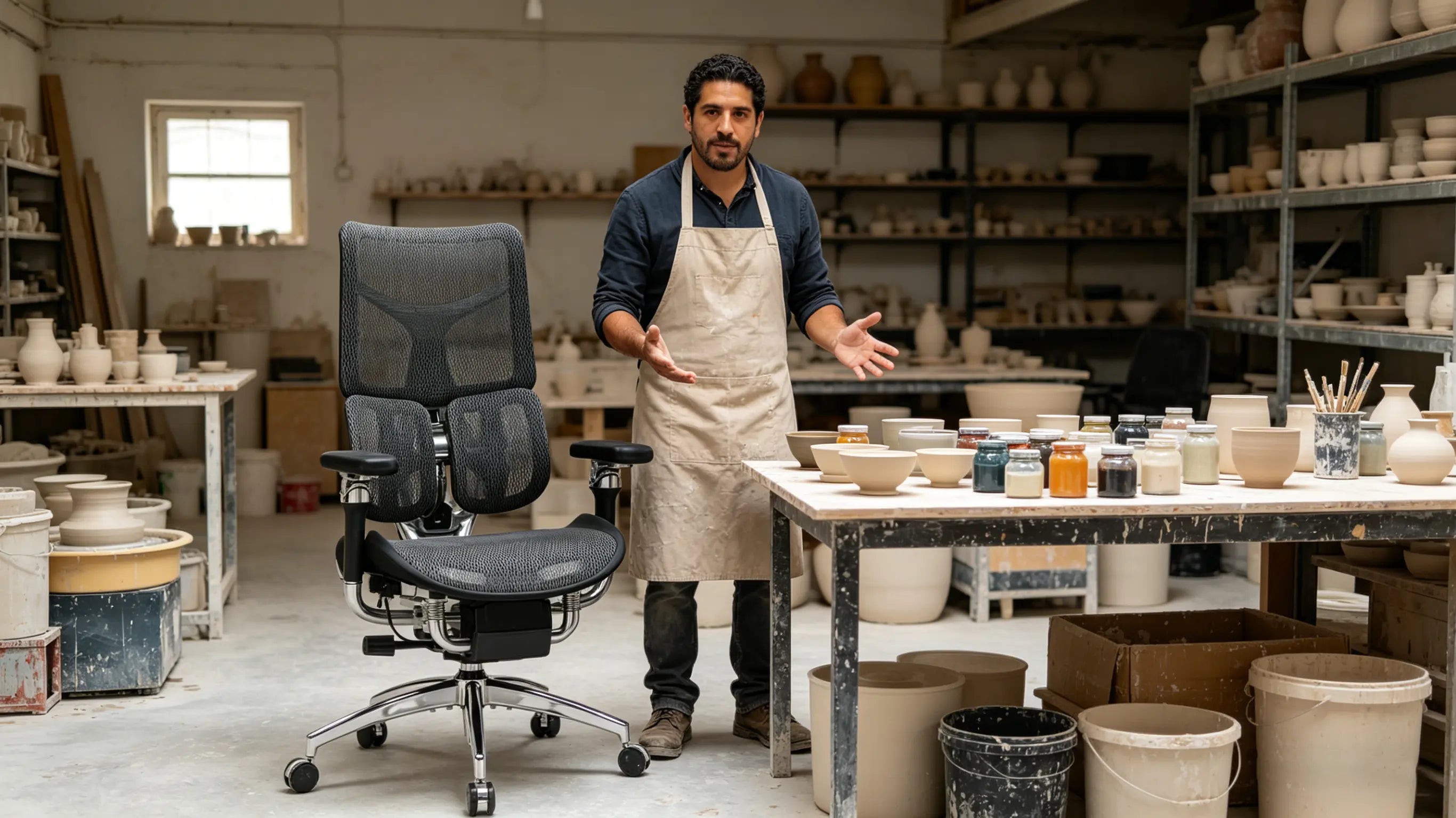 Alejandro examining ceramic glazes and pottery sketches while sitting on his sillón ergonómico of Ergo Select in Manises.