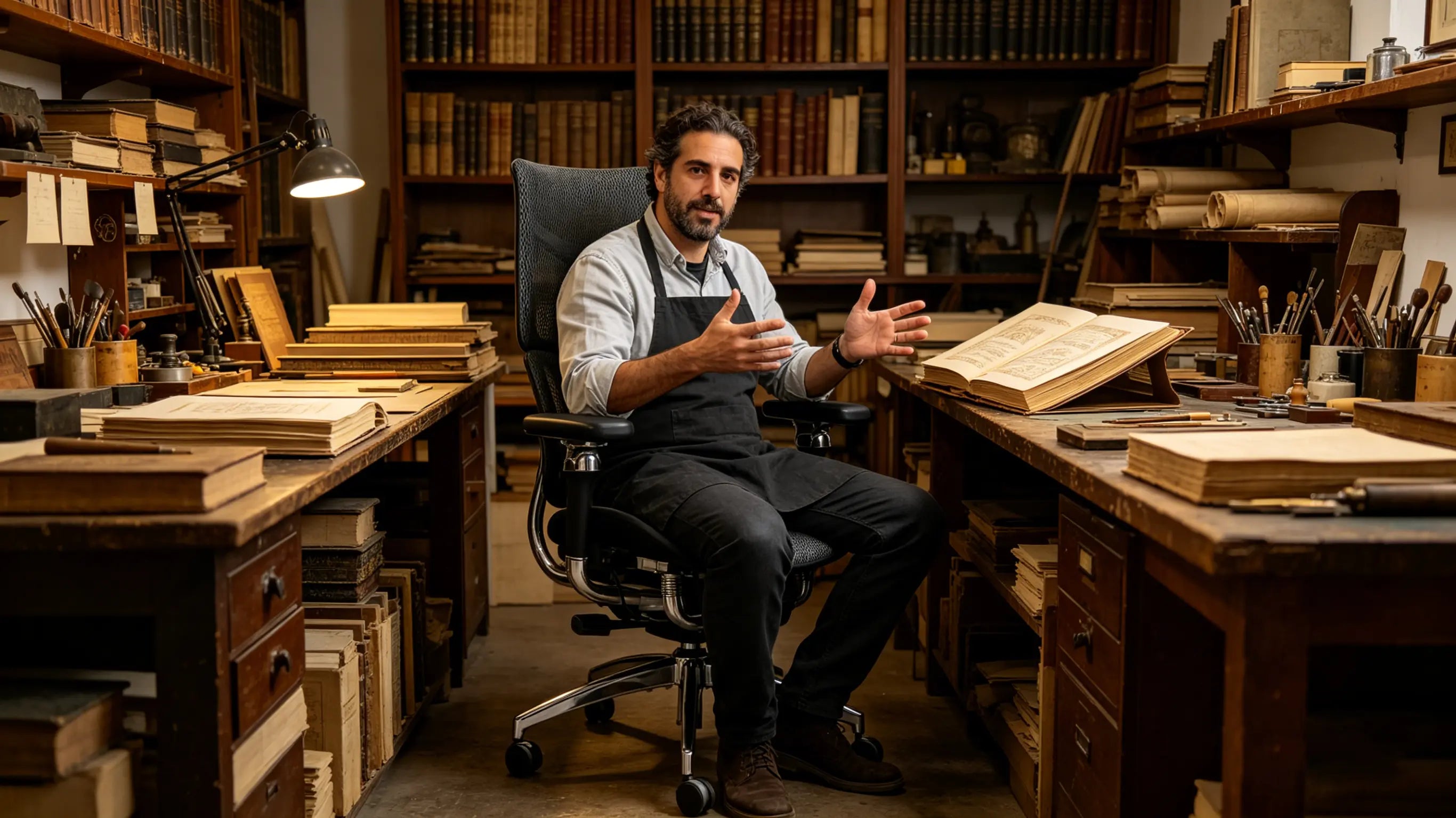 Alejandro encuadernando un libro histórico sentado en su silla de escritorio ergonómica de Ergo Select en Segovia.