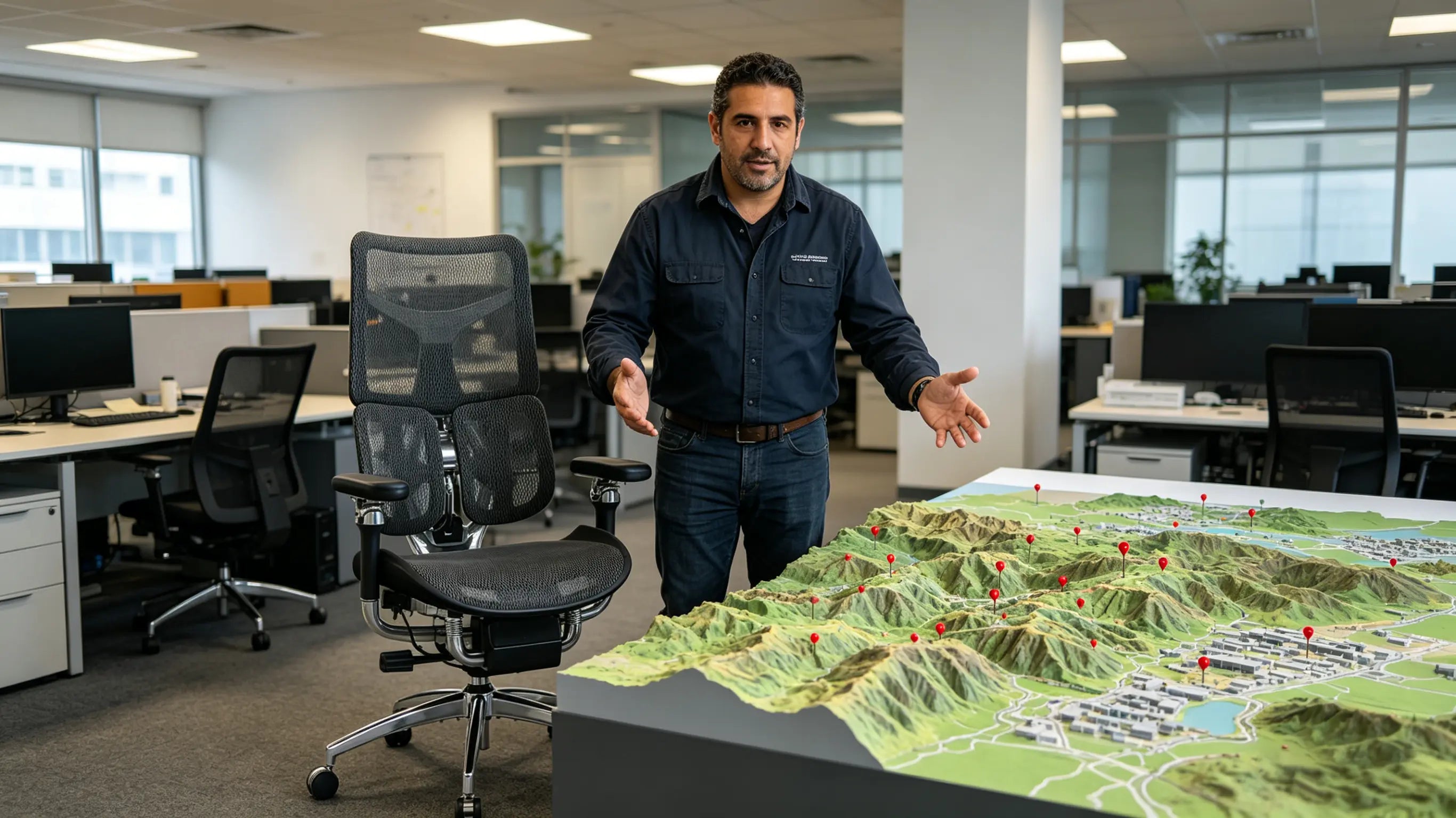 Roberto analyzing 3D topographic models while sitting on the best ergonomic chairs from Ergo Select in Lugo.