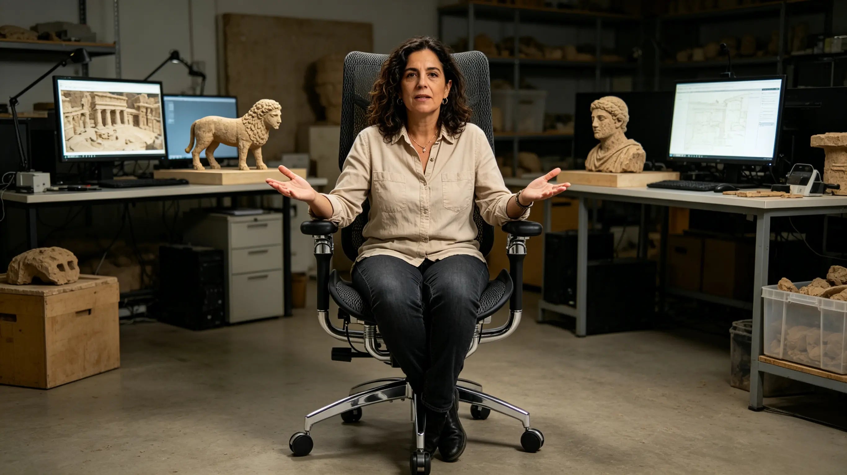 Silvia analyzing 3D scans of Roman artifacts while sitting on the best ergonomic chairs from Ergo Select in Mérida.