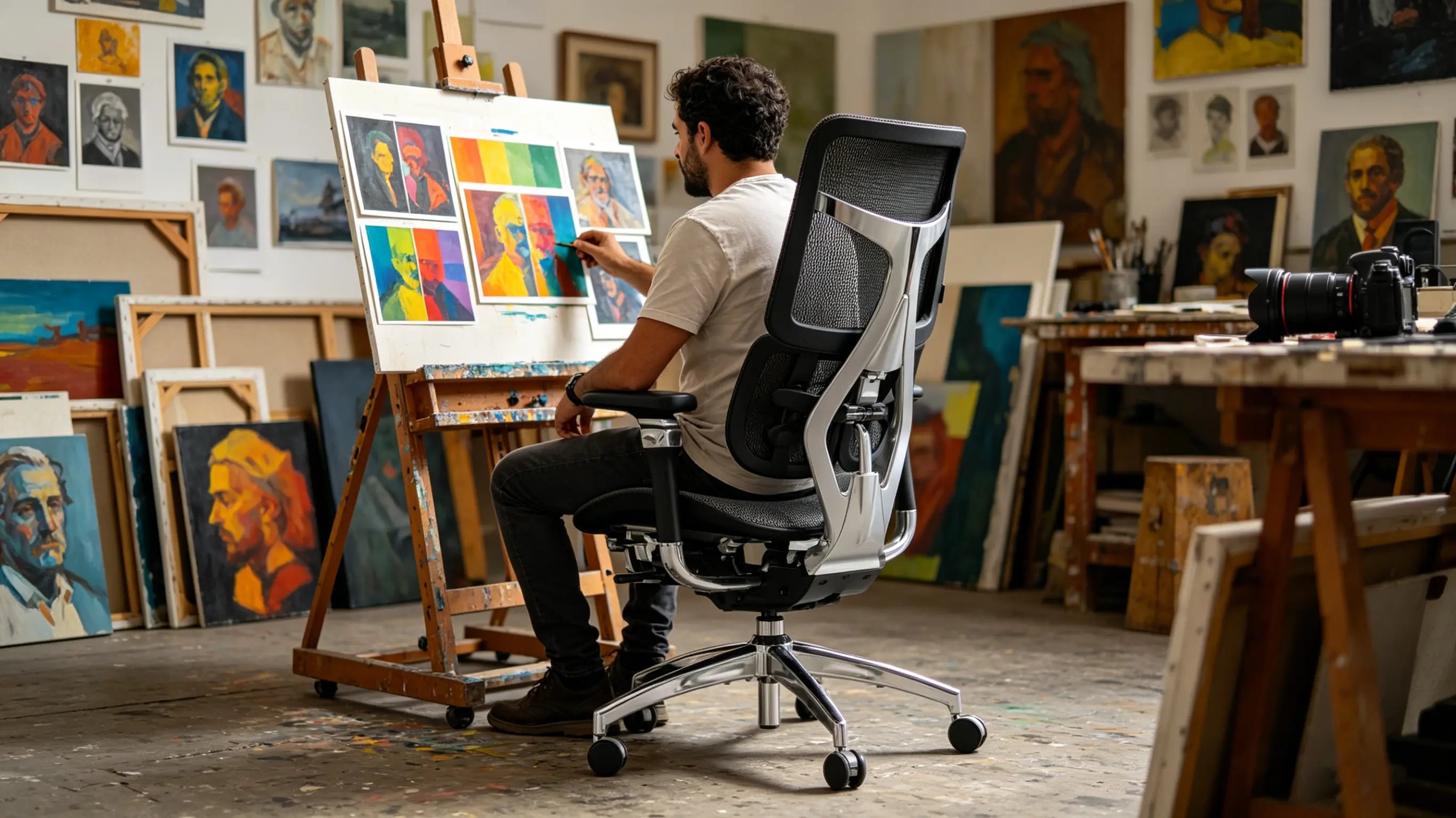 Andrés revisando el color de una fotografía de arte sentado en las sillas ergonómicas de oficina de Ergo Select en Sevilla.