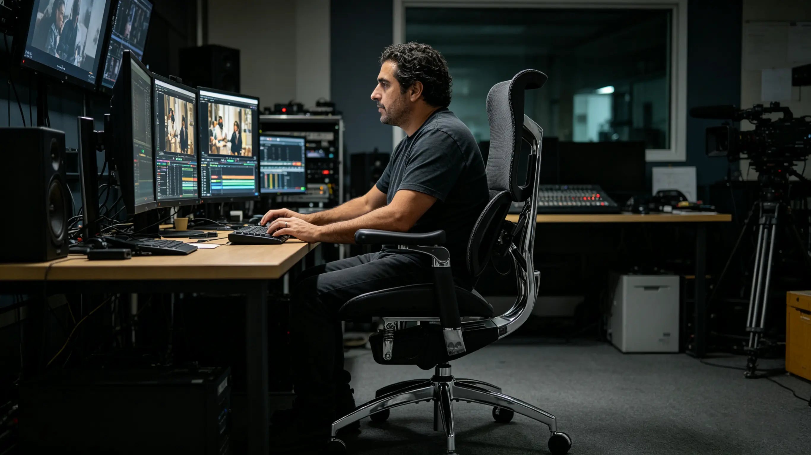Aitor reviewing film footage while sitting on the best ergonomic office chairs from Ergo Select in San Sebastián.