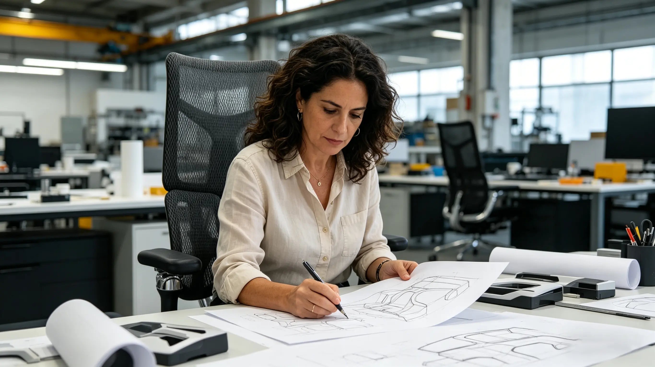 Alicia reviewing intricate structural designs while sitting on the best ergonomic office chairs from Ergo Select in Bilbao.