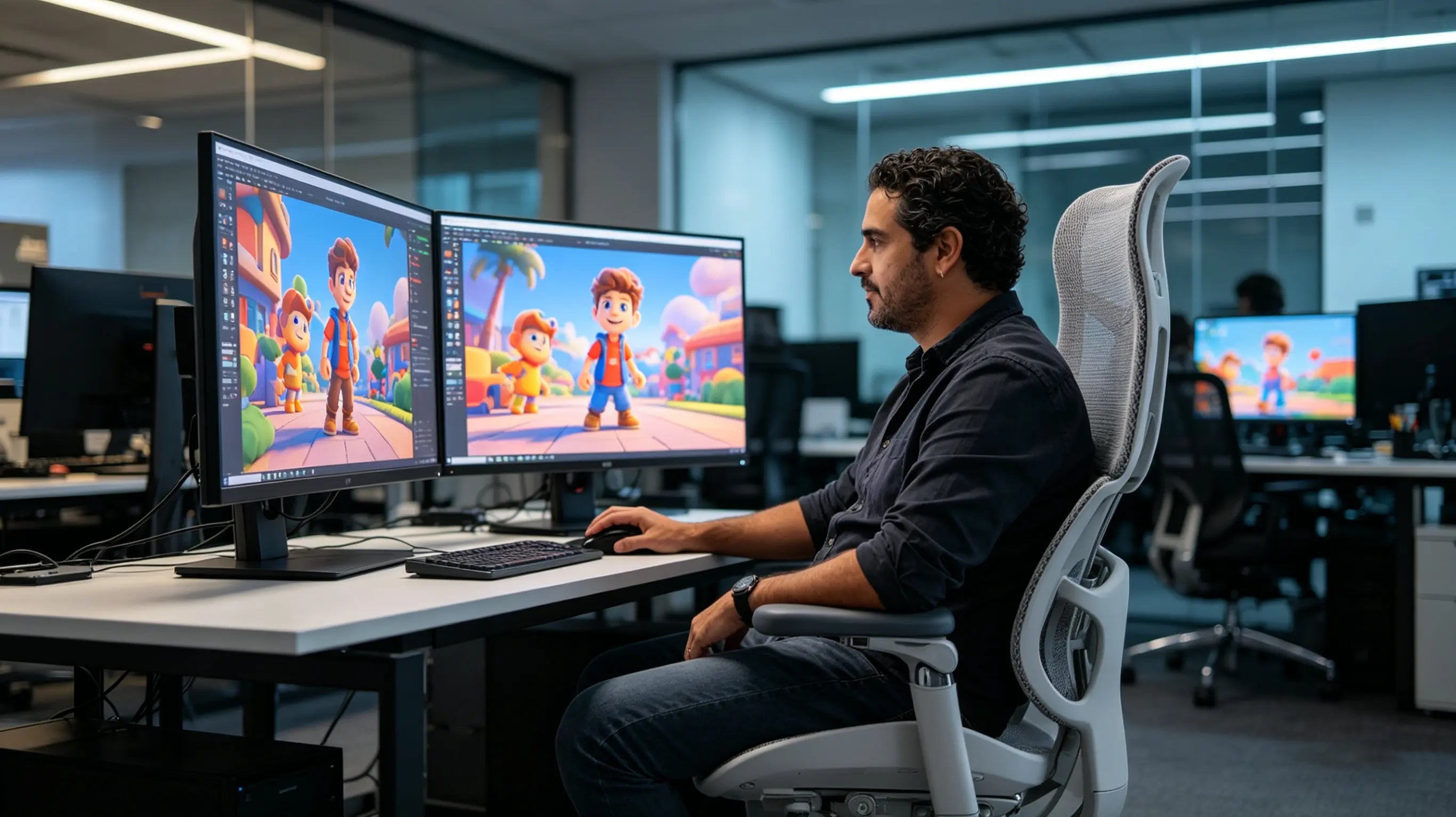 Vicente examining digital animation frames while sitting on the best ergonomic chairs from Ergo Select in Badajoz.