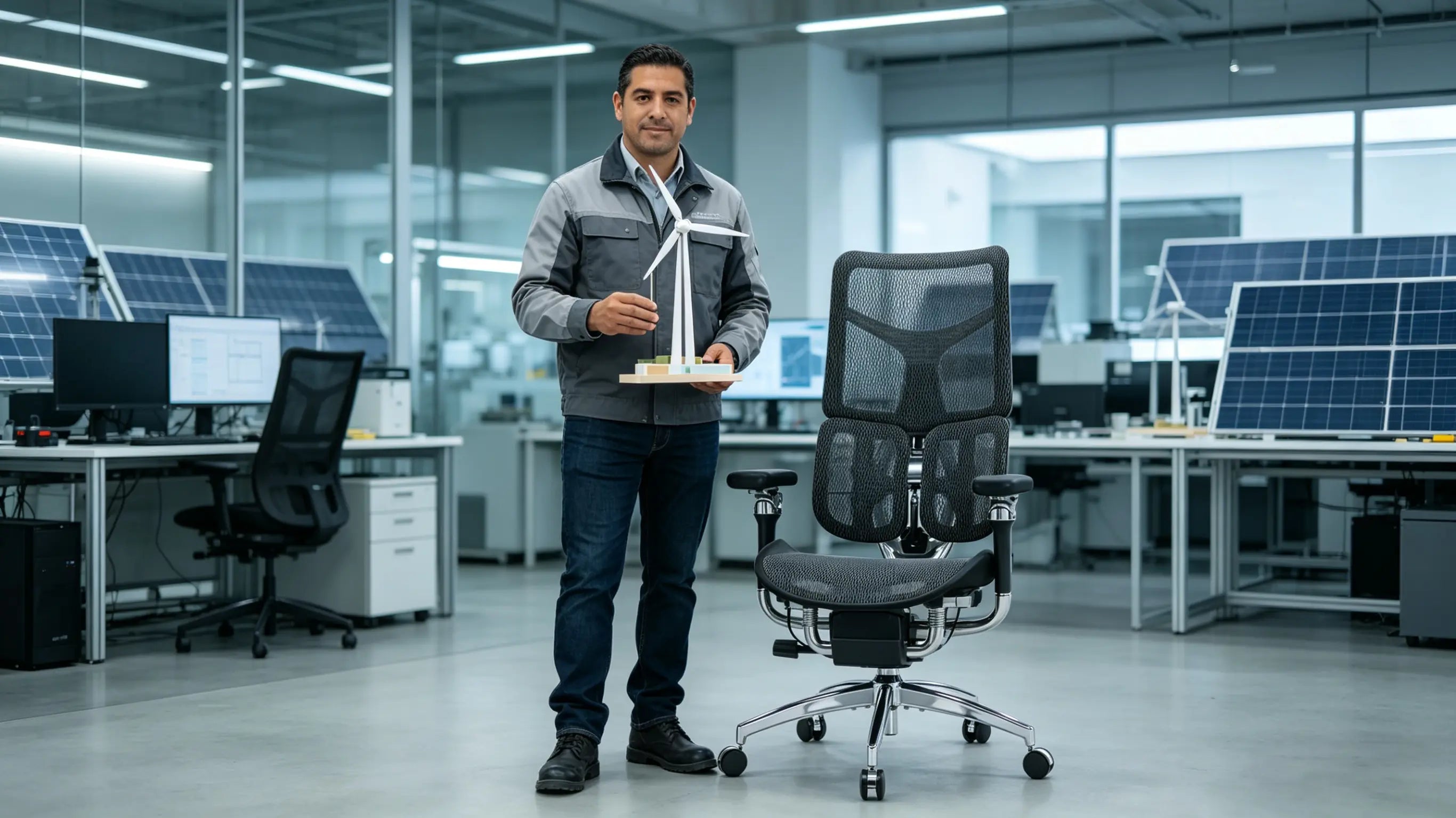 Hugo analyzing wind farm efficiency models while sitting on the best ergonomic office chairs from Ergo Select in Zaragoza.