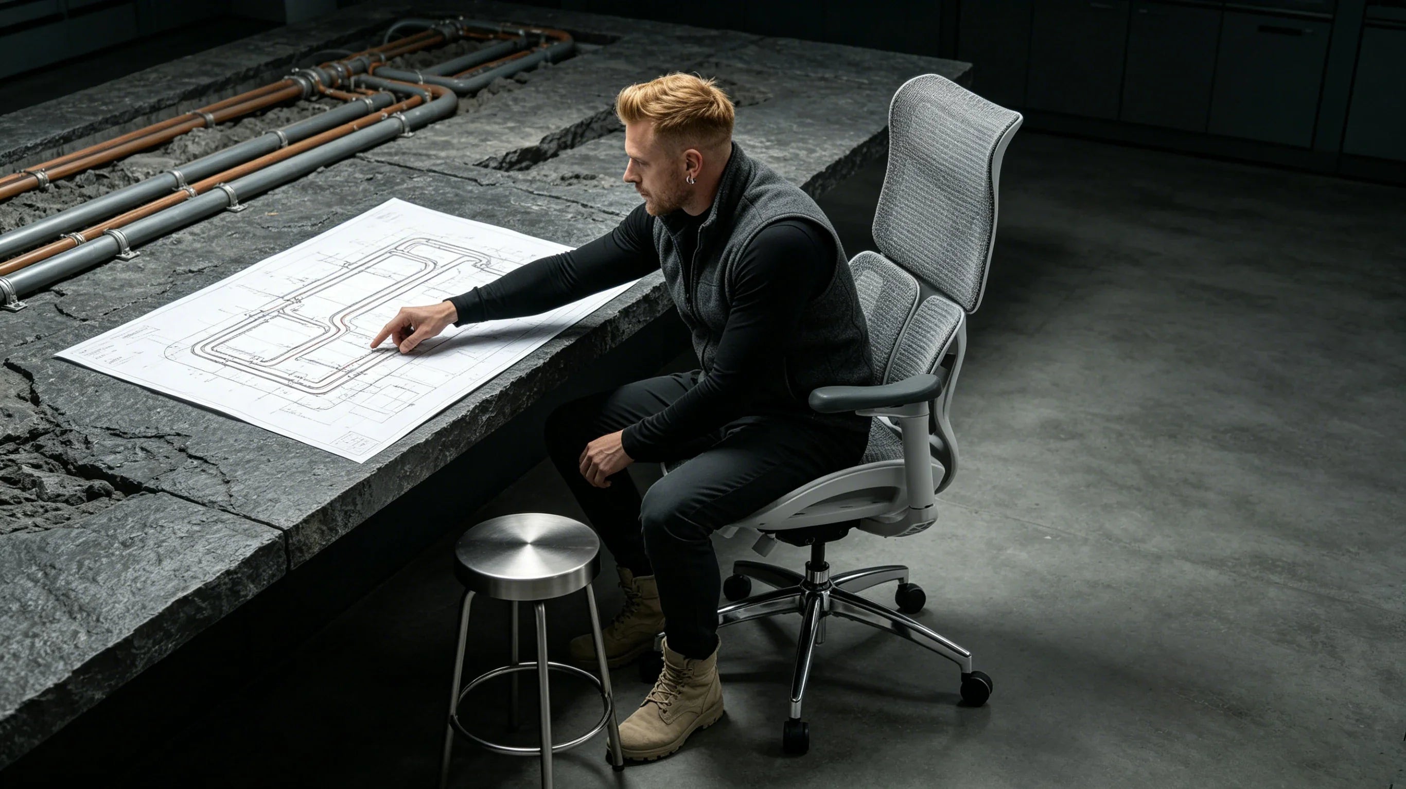 Full body shot of Thorsteinn Vidar studying volcanic graphics on multi-screens while seated in the [good chairs for office].