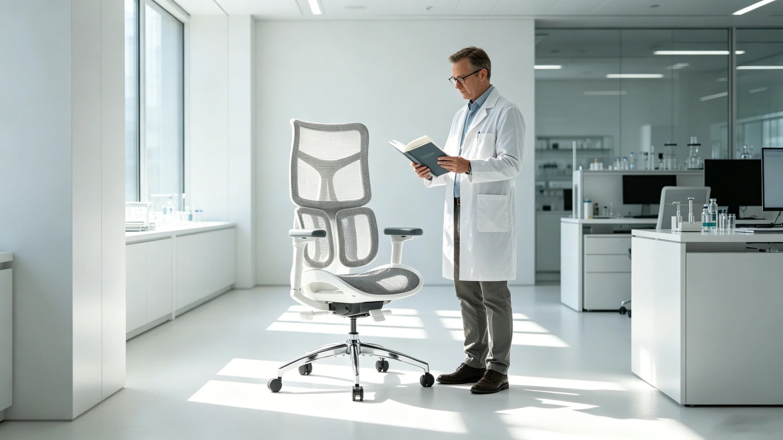 Full body view of Dr. Sterling standing in a high-tech lab next to the [mesh office chair], showcasing full body integrity from head to toe.