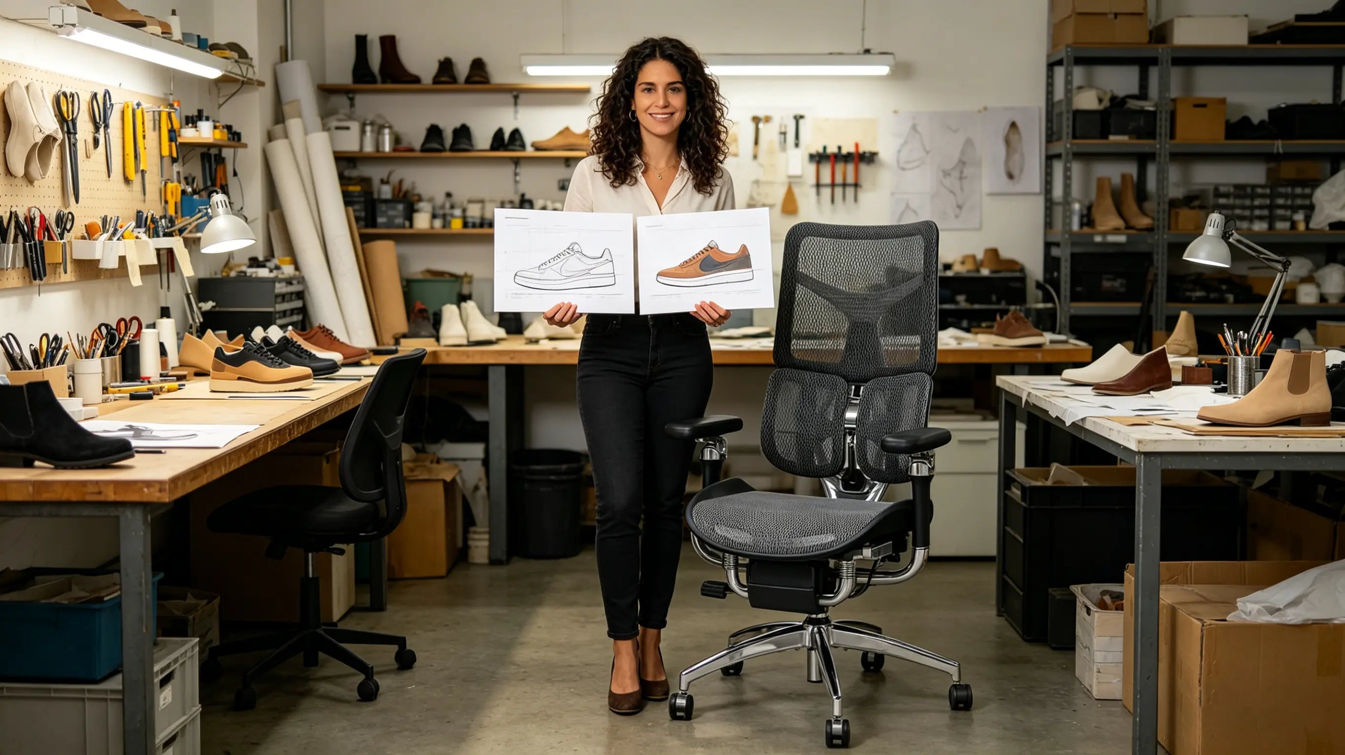 Lucía analyzing digital shoe lasts and patterns while sitting on the best ergonomic chairs from Ergo Select in Elche.