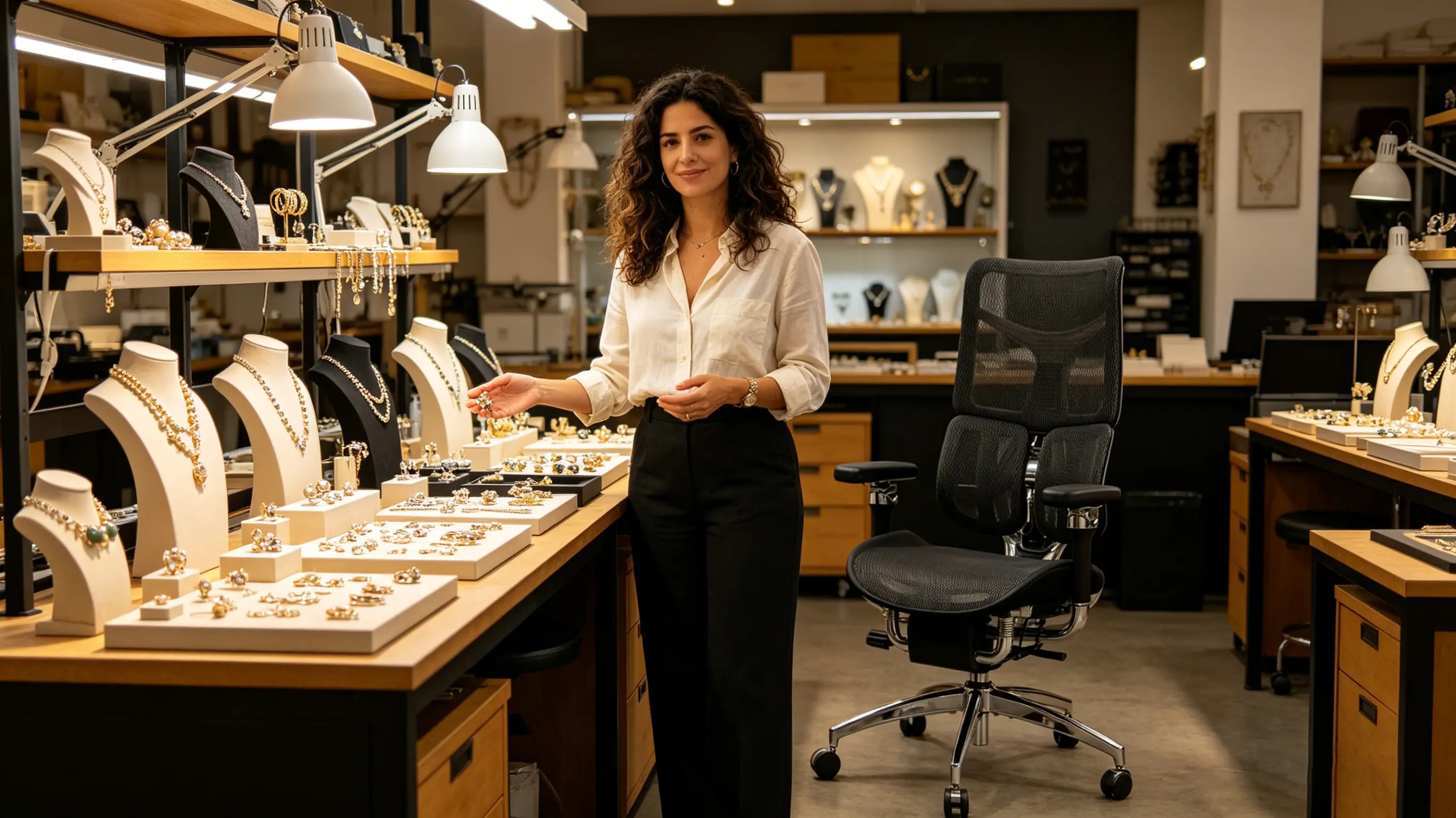 Valeria reviewing intricate jewelry designs while sitting on the best ergonomic office chairs from Ergo Select in Palma.