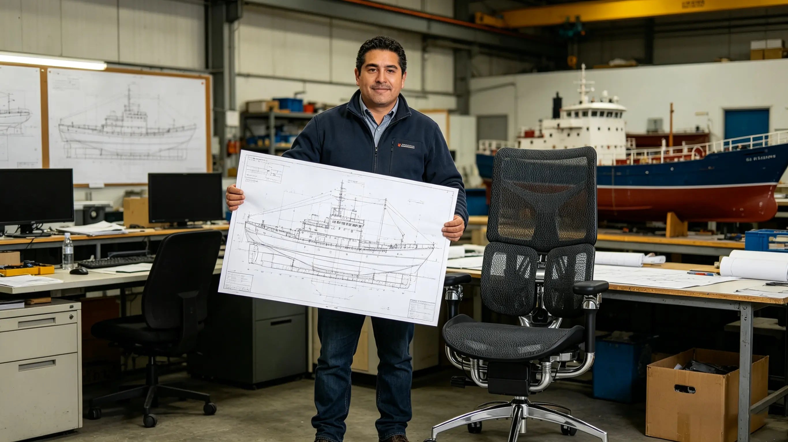 Marc analyzing complex naval structural blueprints while sitting on the best ergonomic office chairs from Ergo Select in Cartagena.