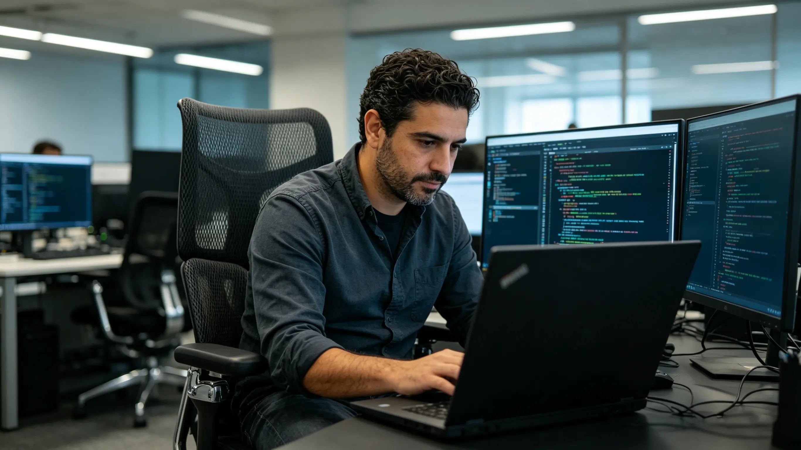 Gabriel examining code while sitting on the best ergonomic chairs from Ergo Select in Vigo.