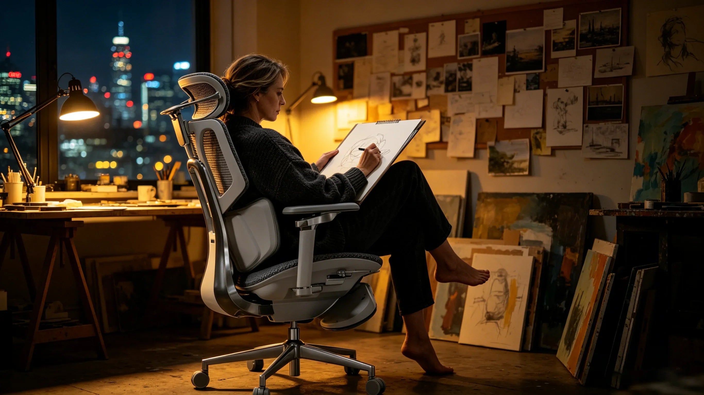 A European creative director finding her flow in a [**very comfortable desk chair**].