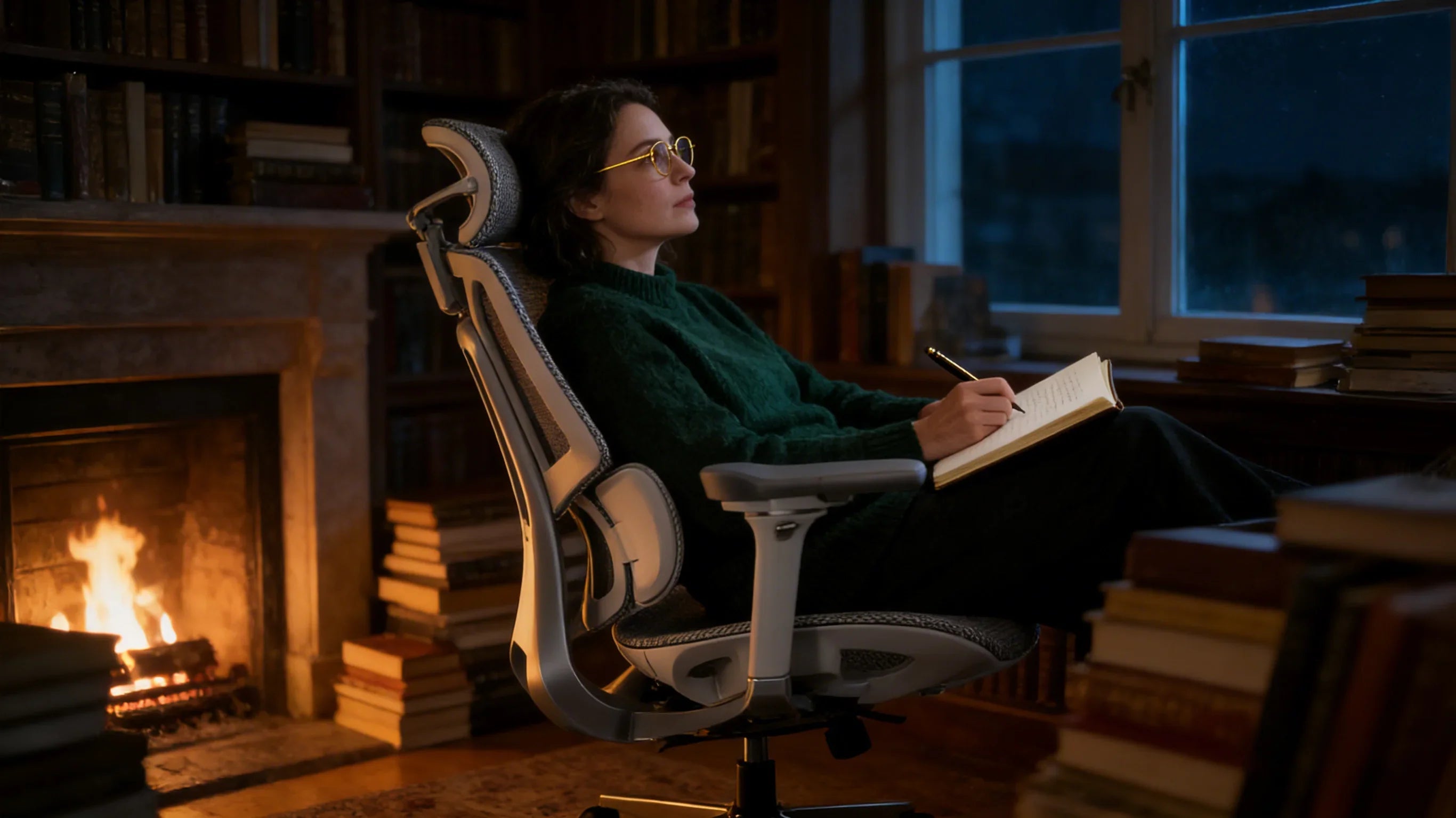 A European novelist experiencing the absolute support of a [**very comfortable desk chair**].