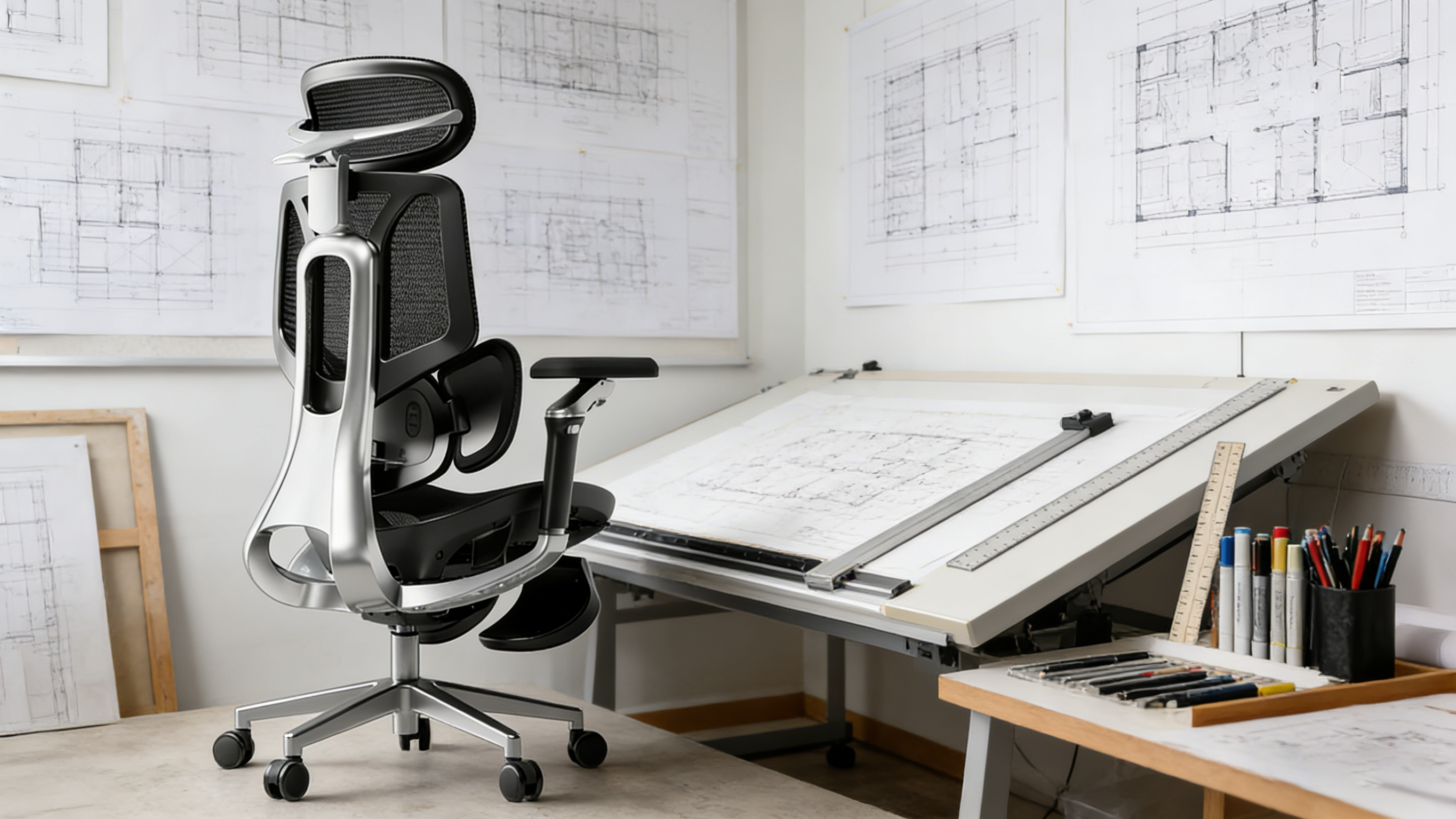 Desk chair ergonomic small-footprint design ideal for shared workstations.
