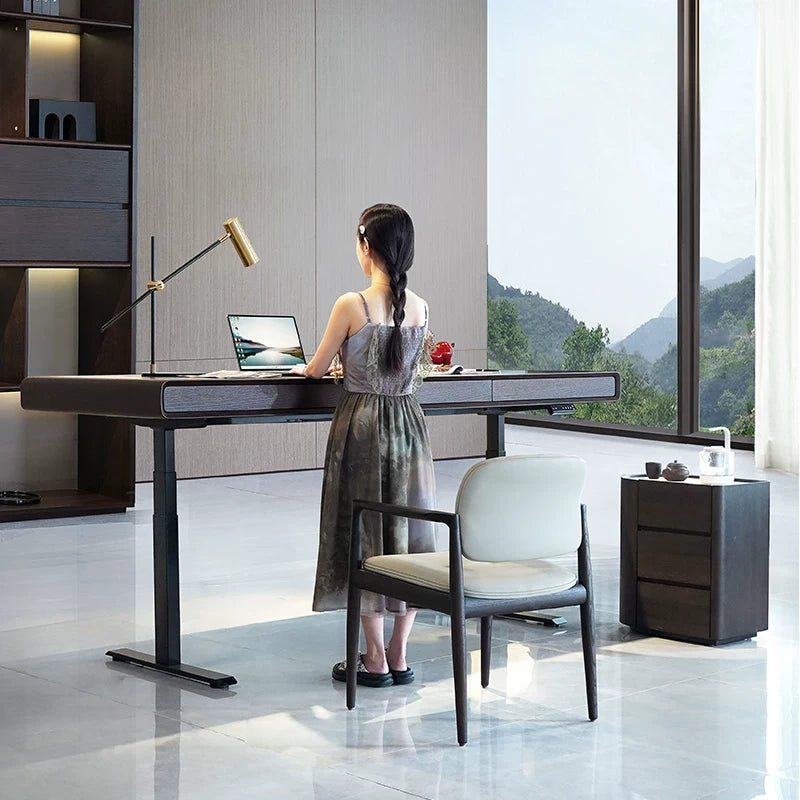 Wide dual-motor electric standing desk with drawers in a modern home office