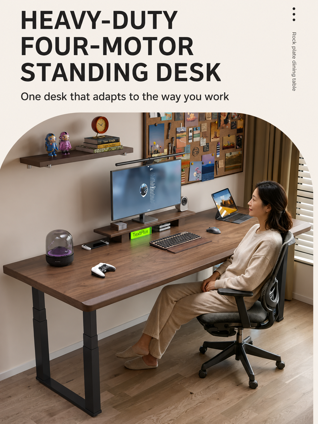 M7 four-motor solid wood standing desk in a home office
