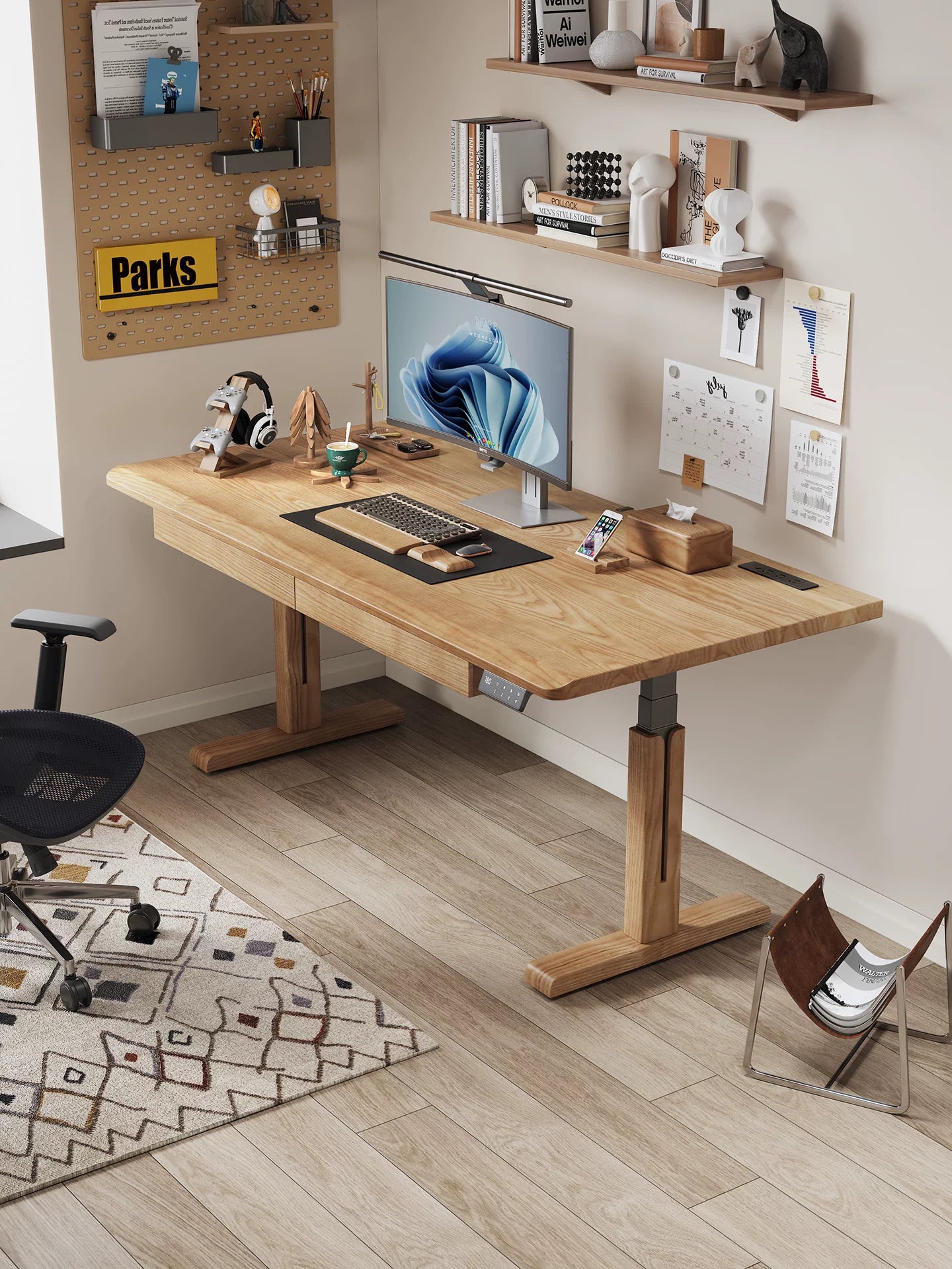 M2-1 solid wood dual-motor standing desk in a modern home office