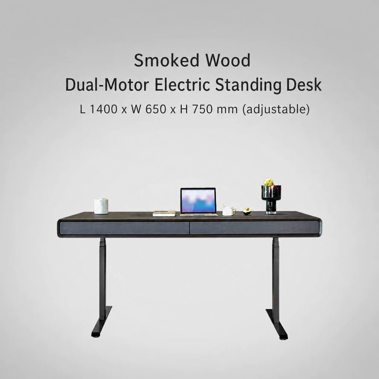 Smoked wood dual-motor electric standing desk, 1400 x 650 x 750 mm