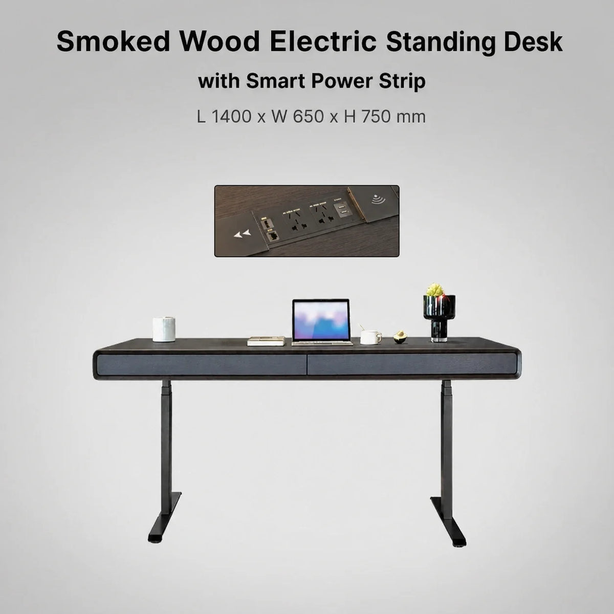 Smoked wood electric standing desk with smart power strip in 1400 x 650 x 750 mm size