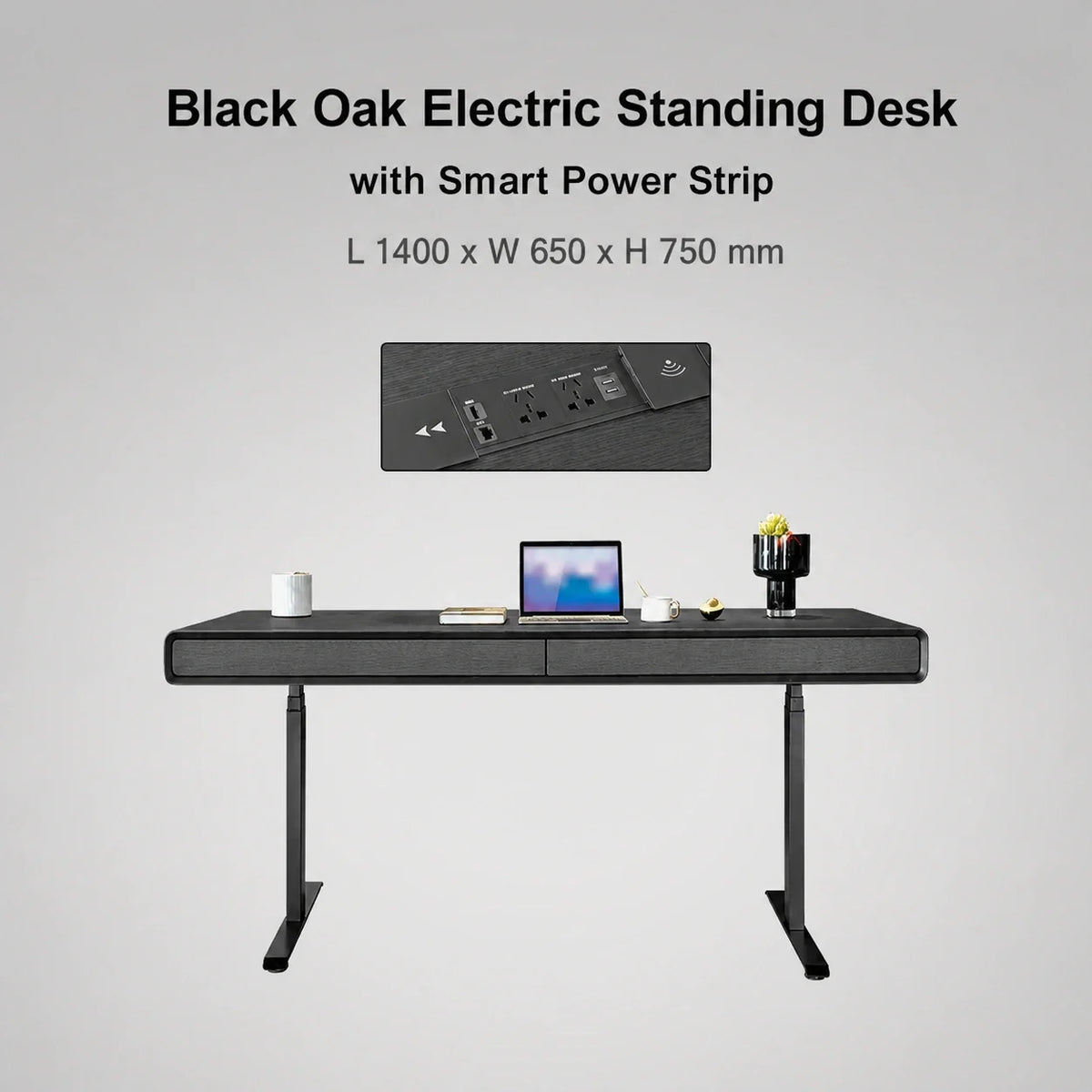 Black oak electric standing desk with smart power strip in 1400 x 650 x 750 mm size