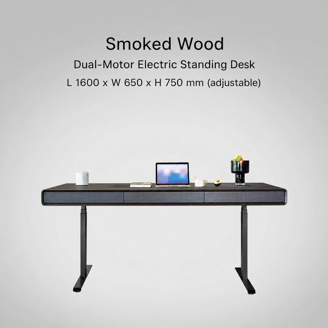 Smoked wood dual-motor electric standing desk, 1600 x 650 x 750 mm
