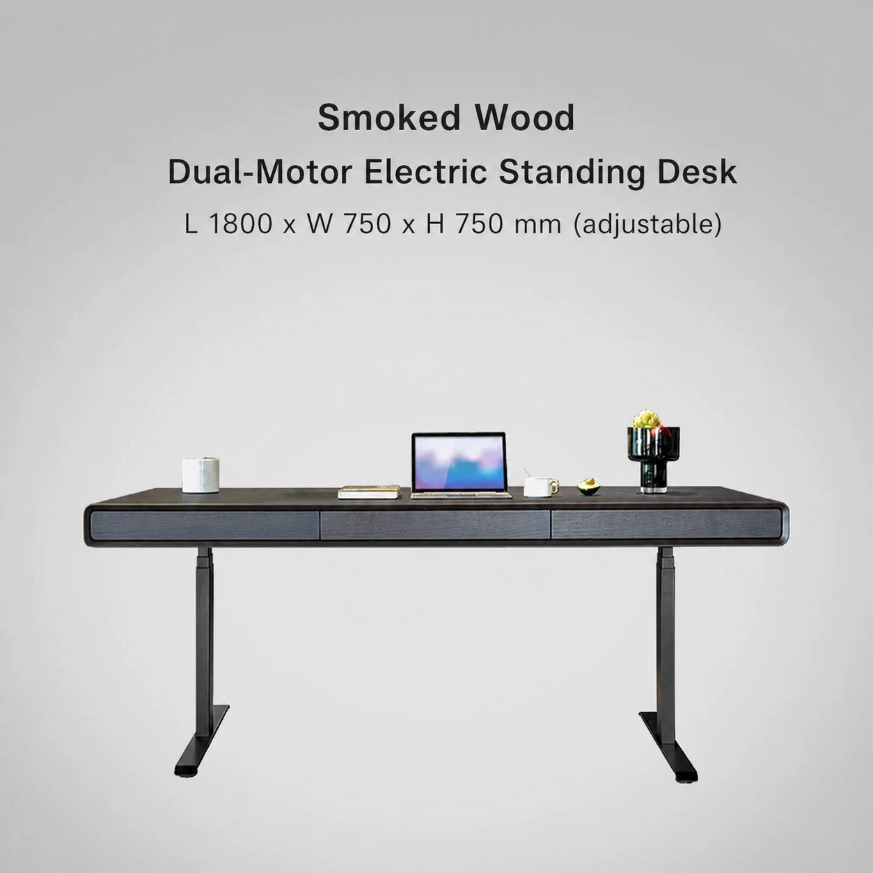 Smoked wood dual-motor electric standing desk, 1800 x 750 x 750 mm