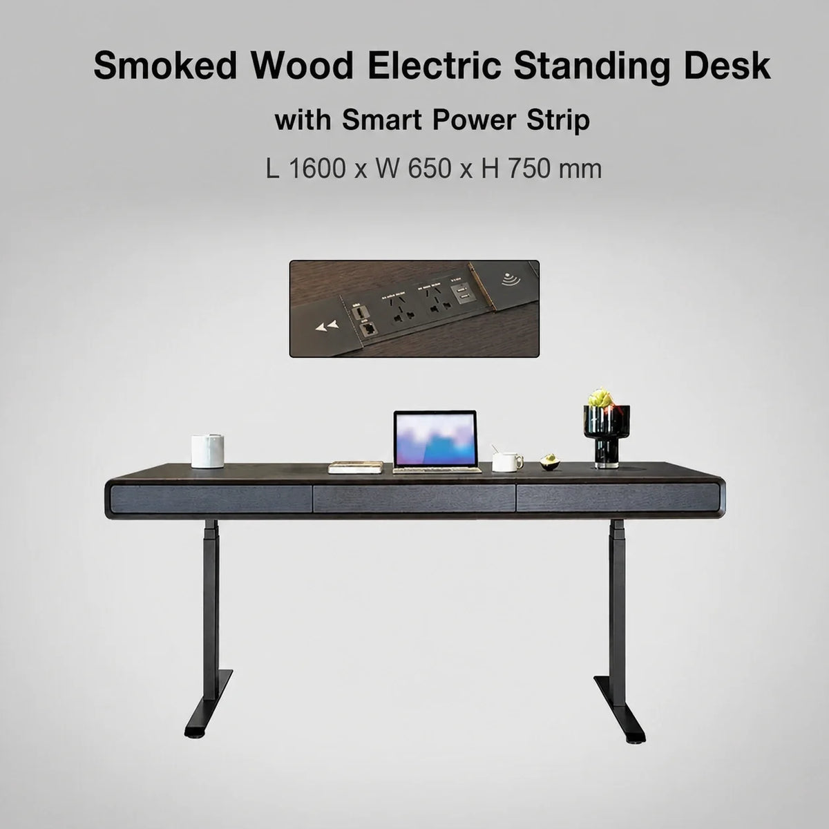 Smoked wood electric standing desk with smart power strip in 1600 x 650 x 750 mm size