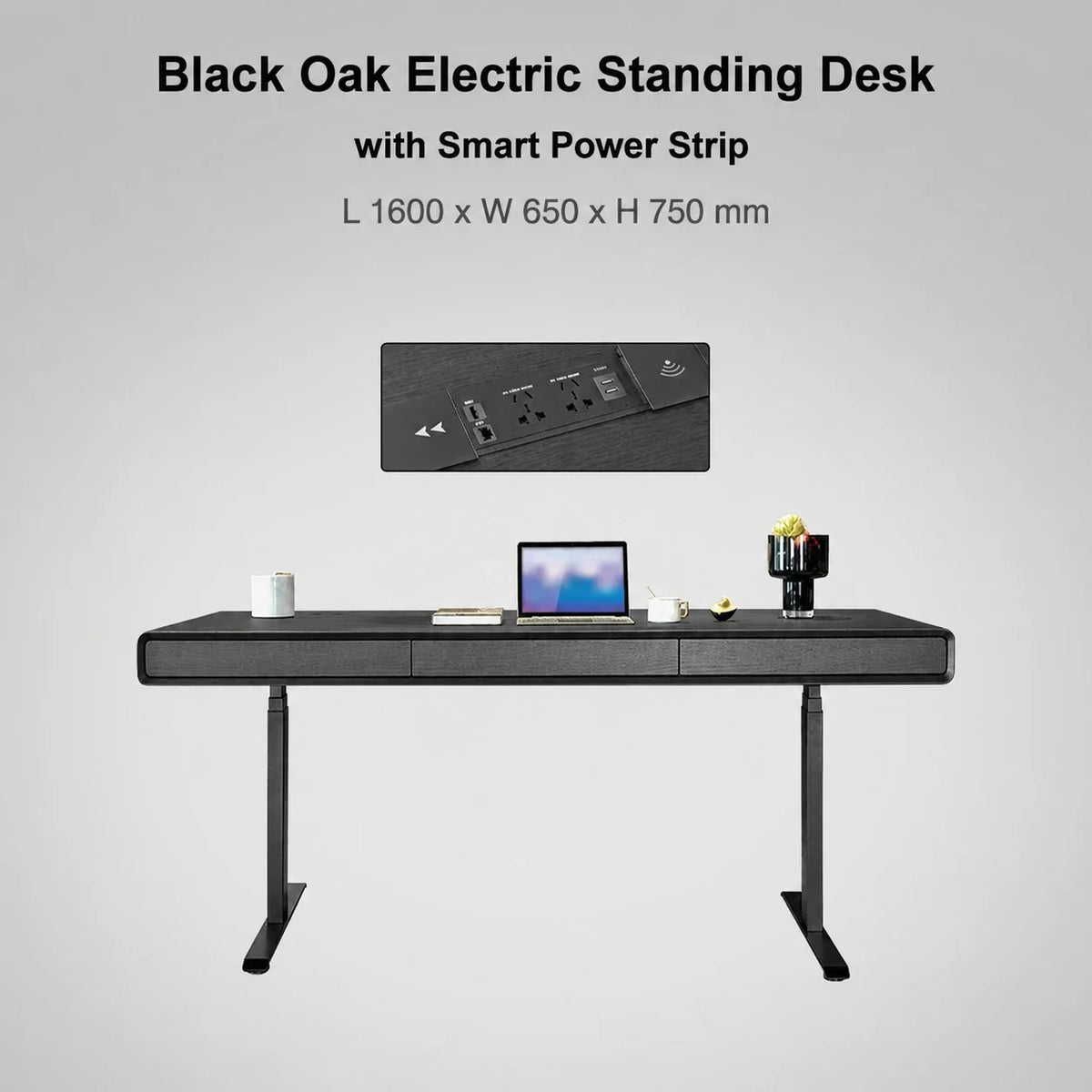 Black oak electric standing desk with smart power strip in 1600 x 650 x 750 mm size