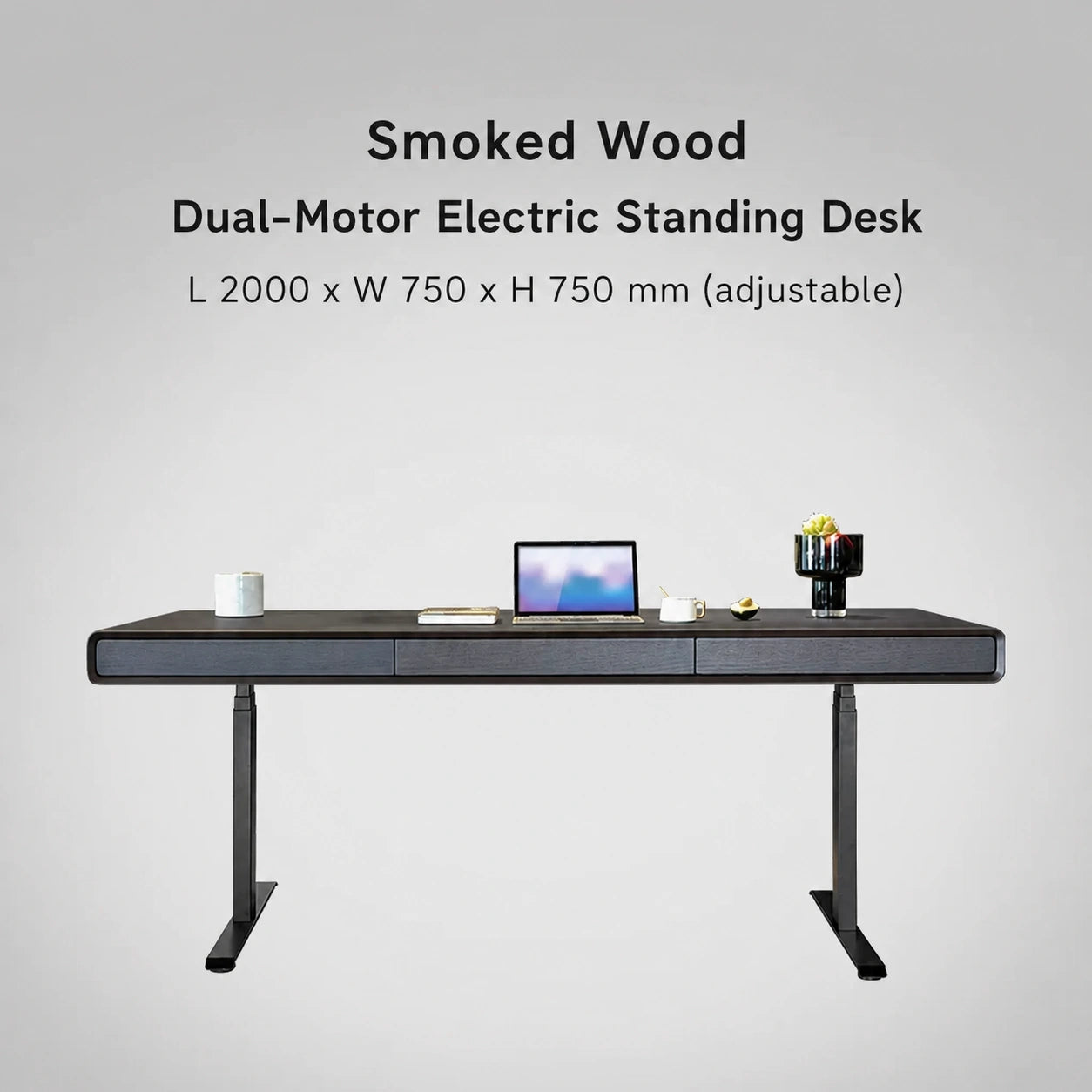 Smoked wood dual-motor electric standing desk, 2000 x 750 x 750 mm