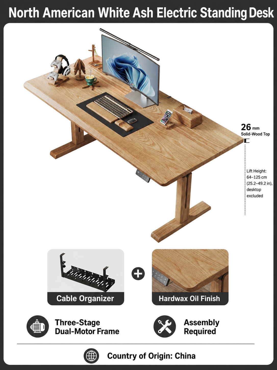 North American white ash 26 mm M2-1 dual-motor standing desk