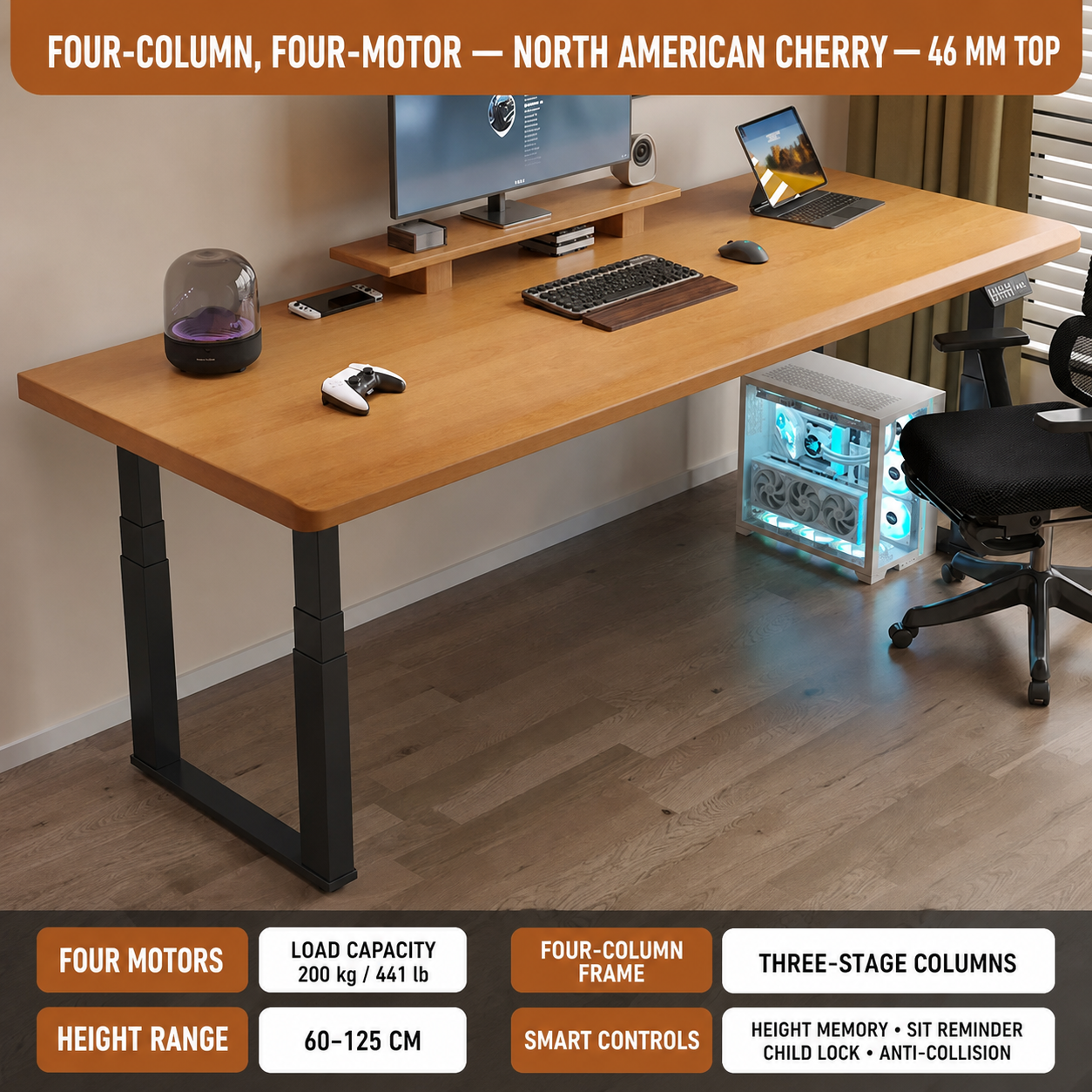 North American cherry 46 mm M7 four-motor standing desk