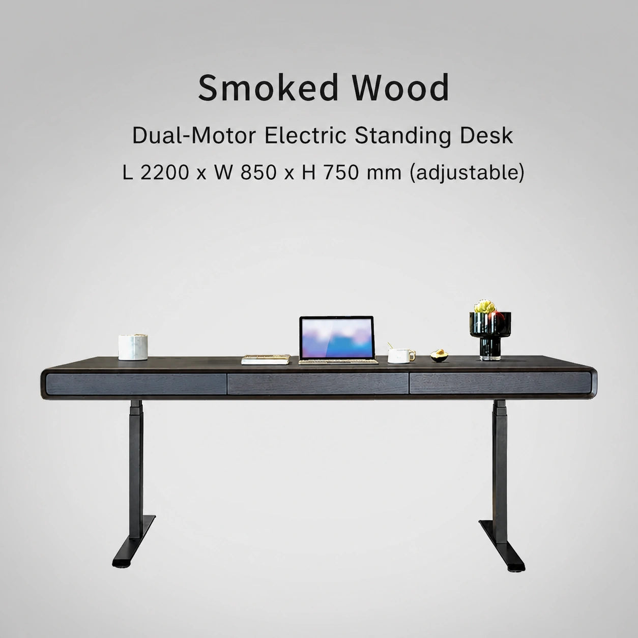 Smoked wood dual-motor electric standing desk, 2200 x 850 x 750 mm
