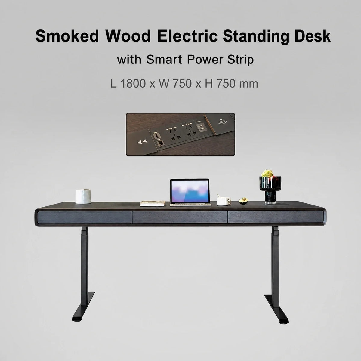 Smoked wood electric standing desk with smart power strip in 1800 x 750 x 750 mm size