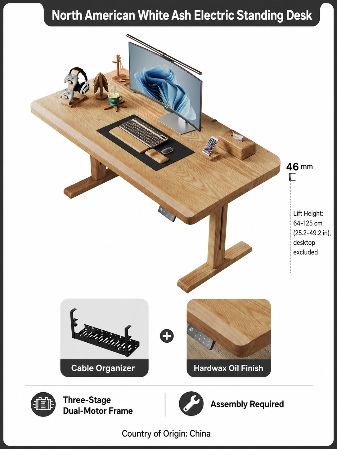 North American white ash 46 mm M2-1 dual-motor standing desk